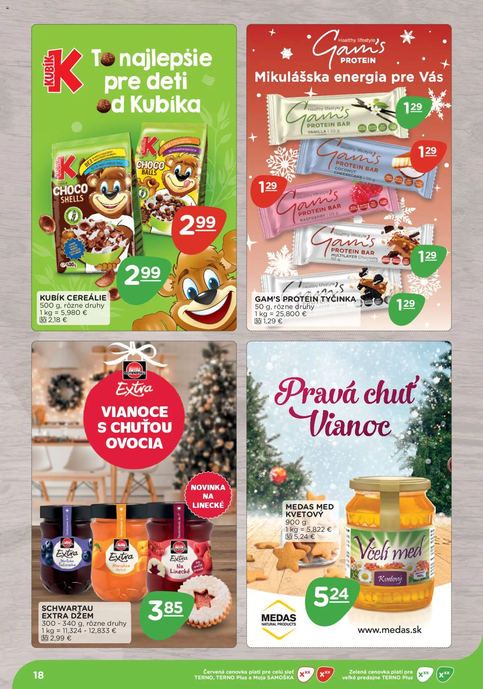 Nové Terno akcie – leták je platný od 10.11.2025 | Strana: 18 | Produkty: Protein, Cereálie, Med