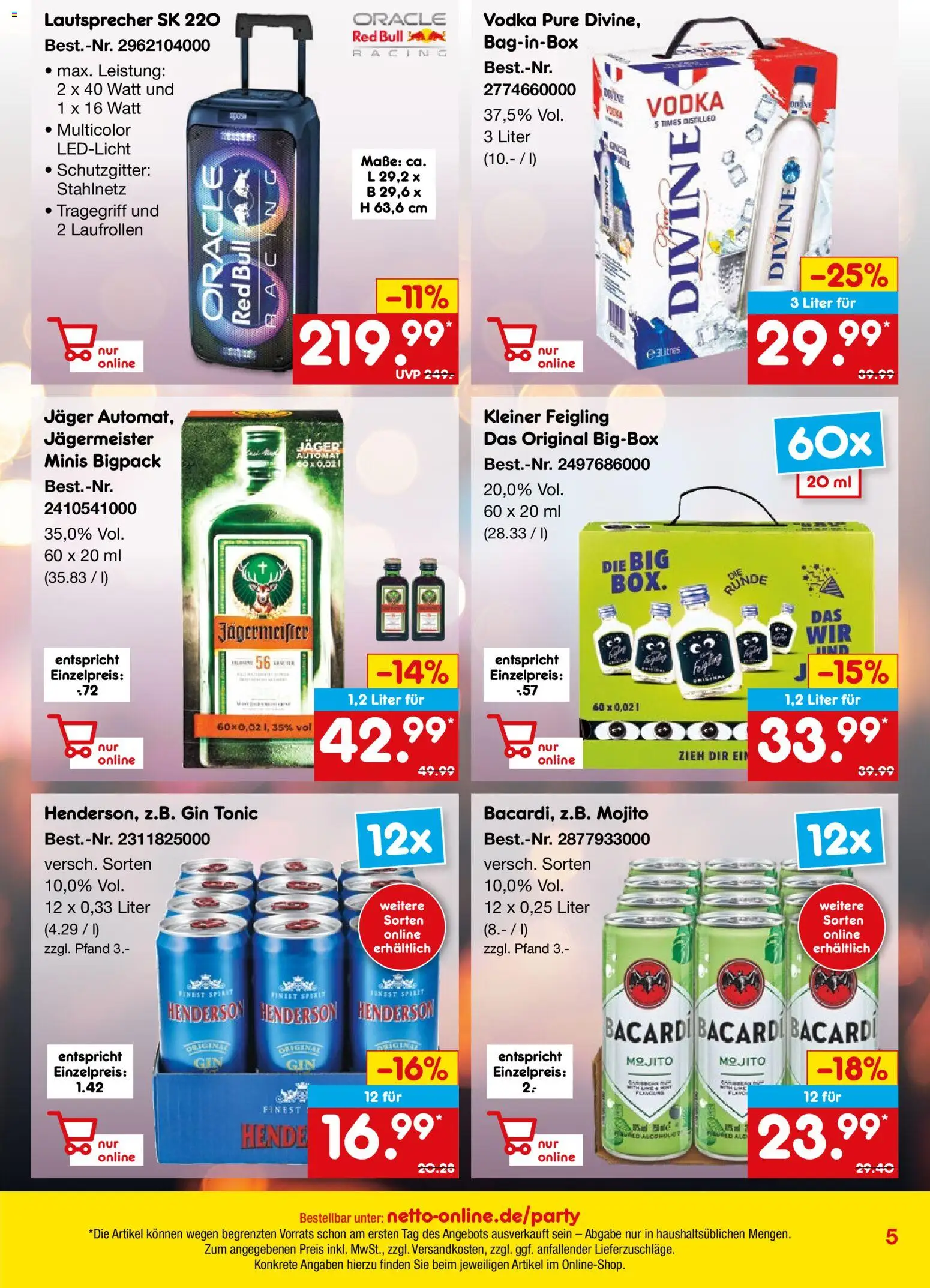 Netto Marken-Discount Online-Sonderangebote – gültig ab 01.03.2026 | Seite: 5 | Produkte: Bacardi, Red bull, Kleiner feigling, Vodka