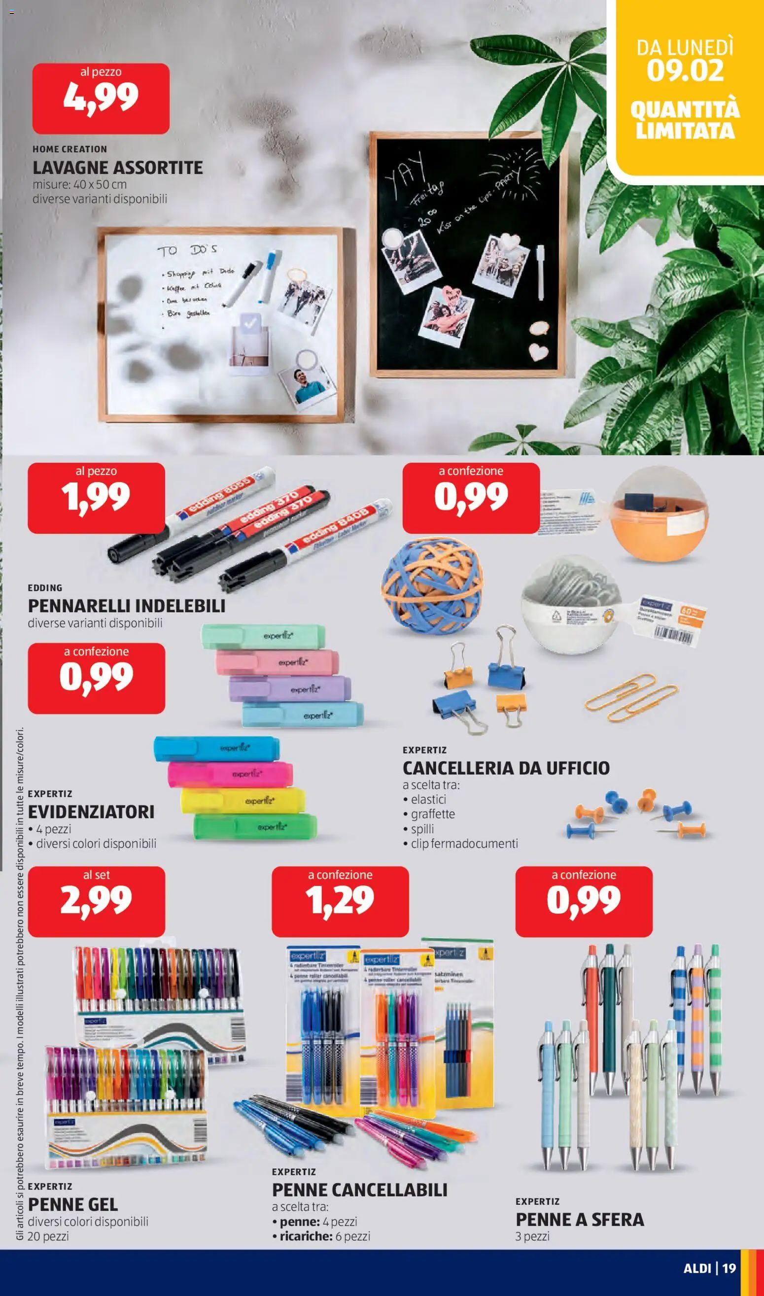 Volantino Aldi del 09.02.2026 | Pagina: 19 | Prodotti: The, Pennarelli, Penne, Elastici
