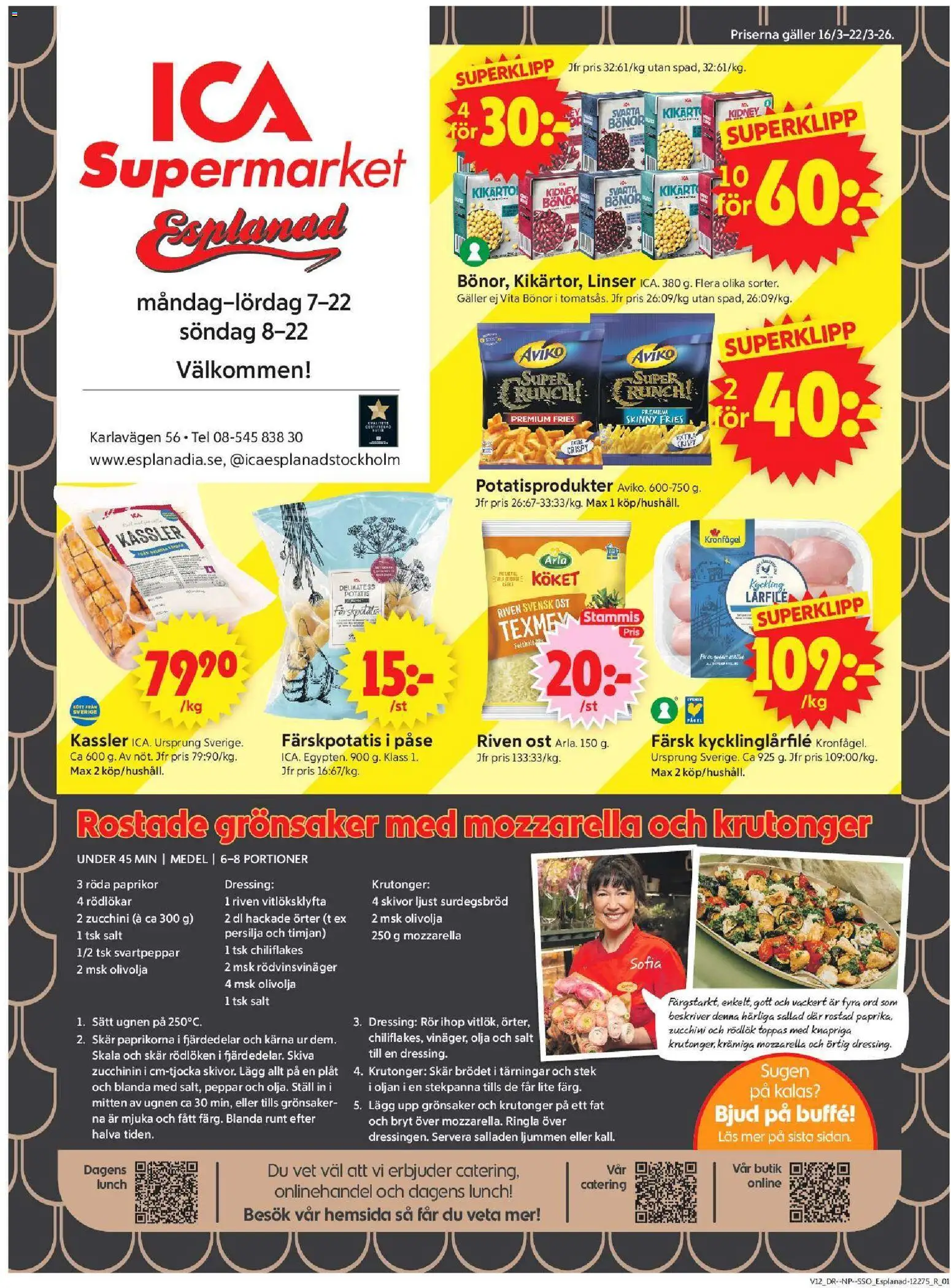 ICA Supermarket reklamblad aktuell från 16.03.2026 | Sida: 1 | Produkter: Galler, Riven ost, Rödvinsvinäger, Stekpanna