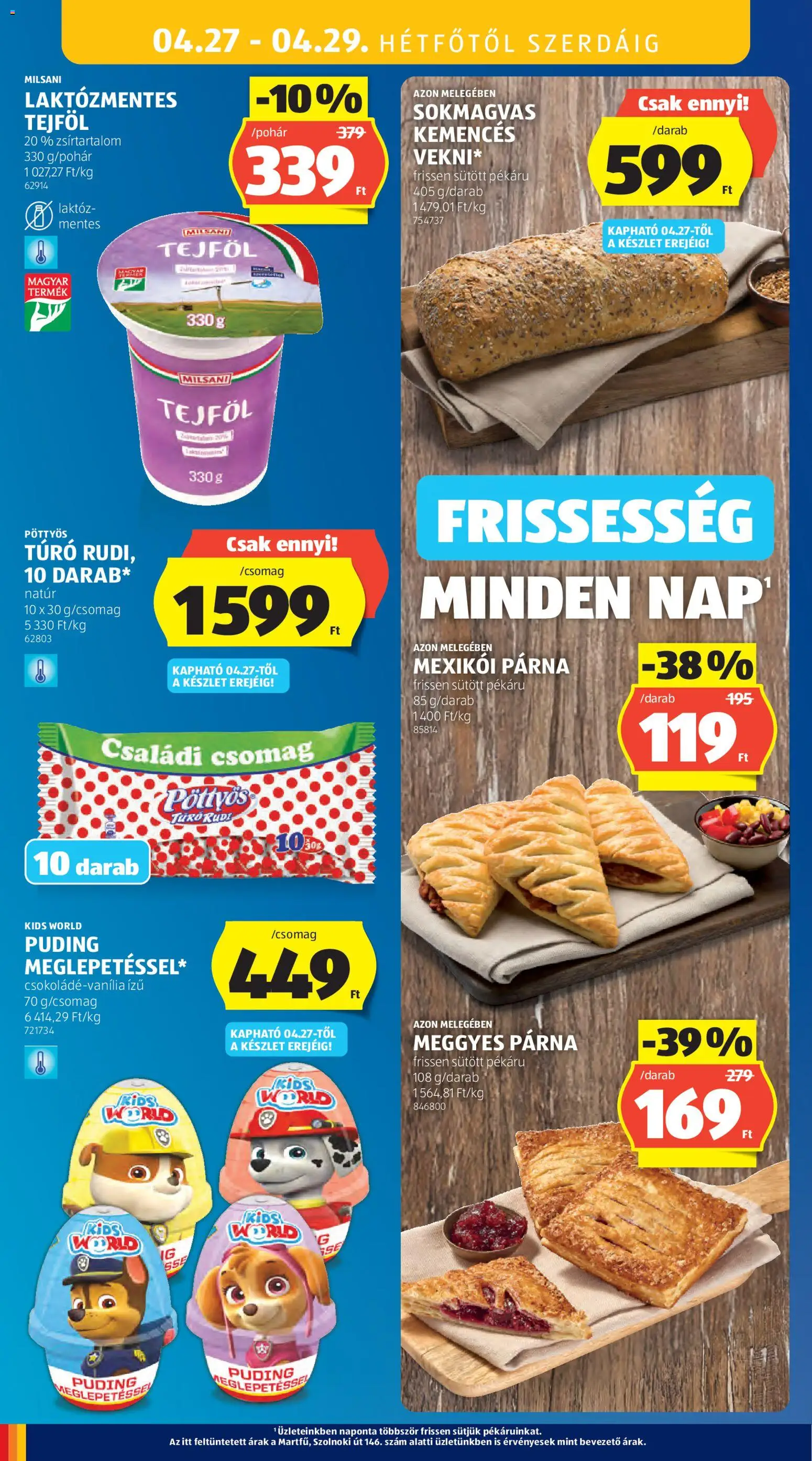 Aldi akciós ujság - amely érvényes a következő dátumtól: 23.04.2026 | Oldal: 36 | Termékek: Puding, Párna, Tejföl, Túró