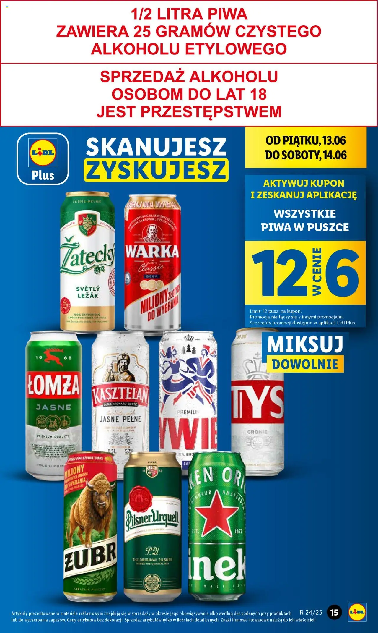 Lidl Gazetka od 12.06.2025 | Strona: 15 | Produkty: Leżak, Warka, Tyskie, Heineken