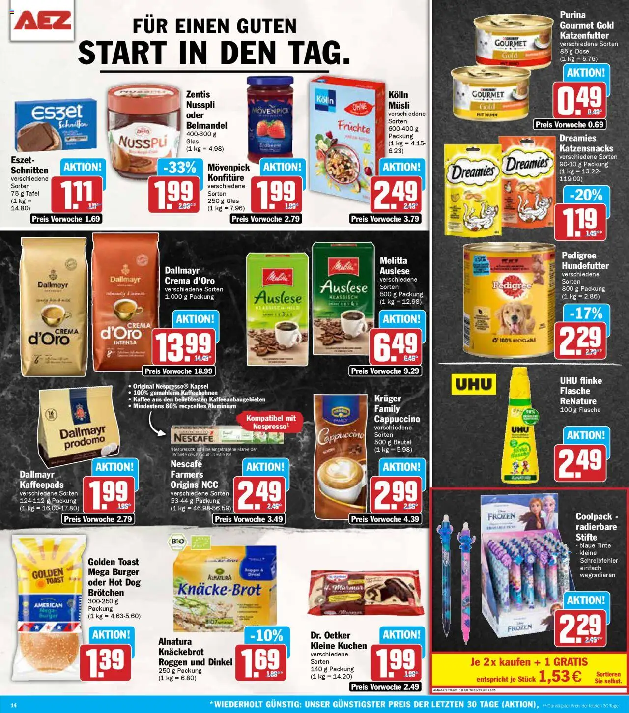 AEZ Prospekt 	 - gültig ab dem 18.08.2025 | Seite: 14 | Produkte: Melitta, Katzenfutter, Kolln, Purina gourmet gold