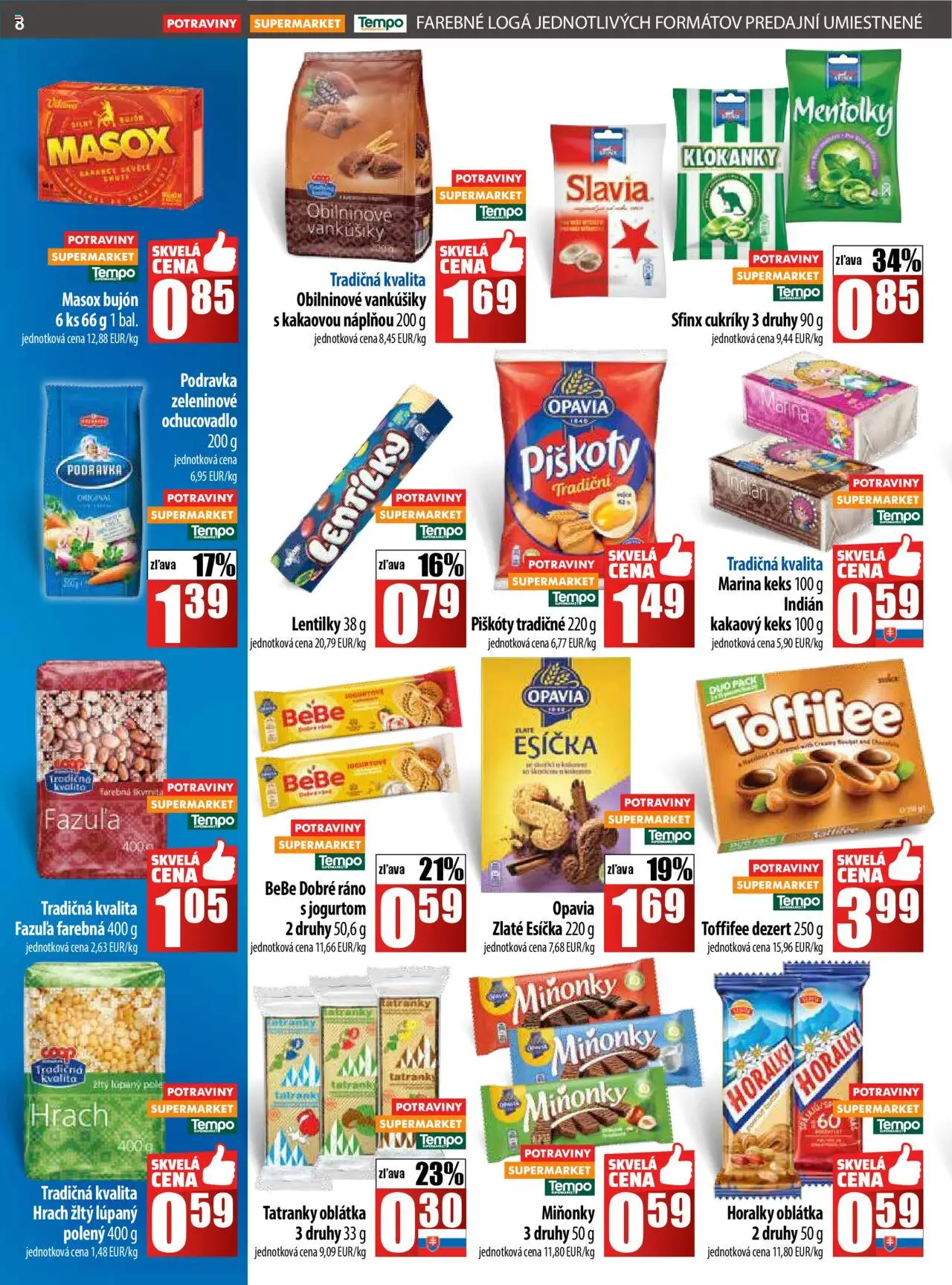 Nové COOP Jednota akcie – leták je platný od 02.10.2025 | Strana: 8 | Produkty: BeBe Dobré ráno, Masox, Hrach, Toffifee