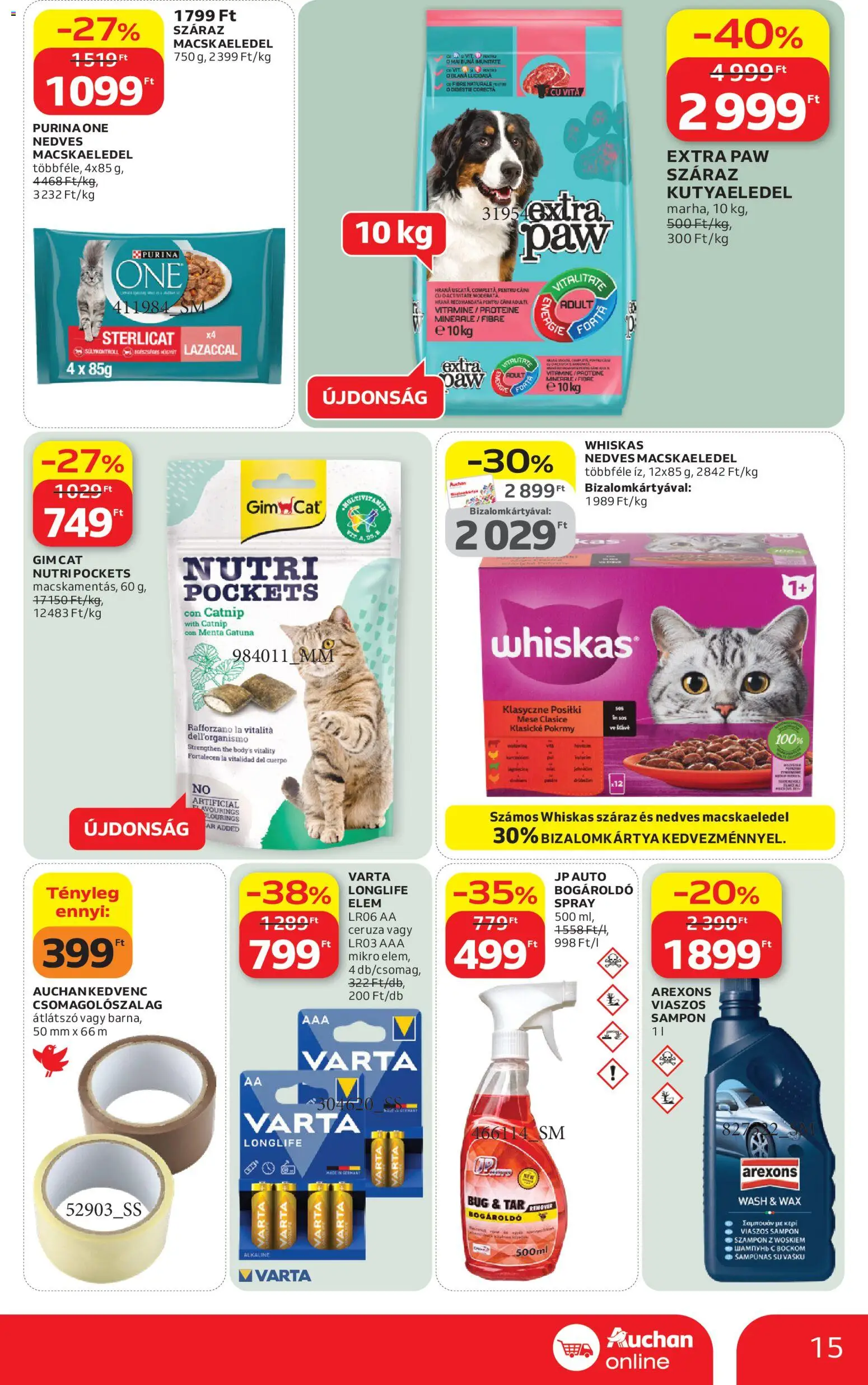 Auchan akciós ujság - amely érvényes a következő dátumtól: 09.04.2026 | Oldal: 15 | Termékek: Macskaeledel, Kutyaeledel, Whiskas, Sampon