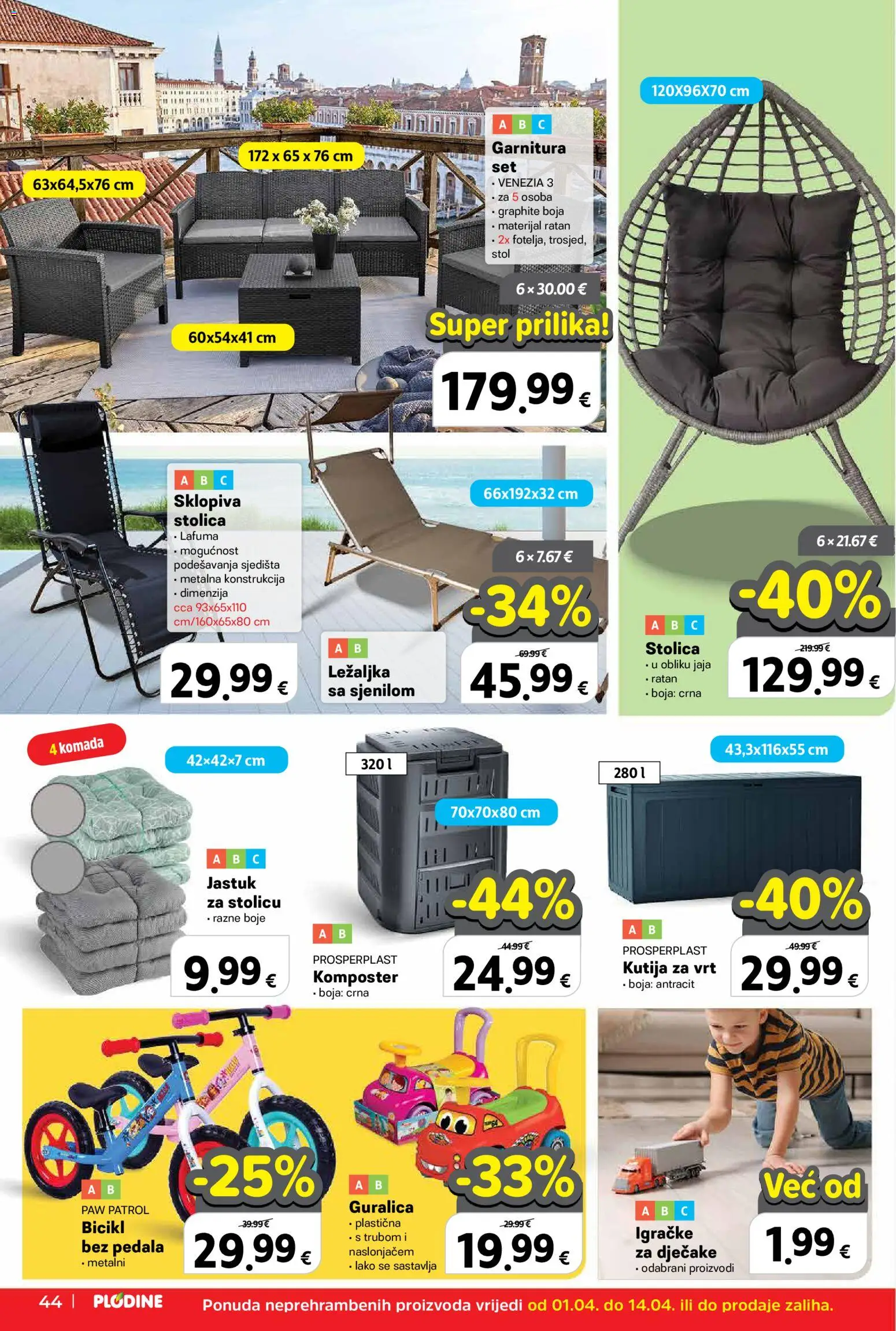 Plodine katalog | vrijedi od 01.04.2026 | Stranica: 52 | Proizvodi: Jastuk, Ležaljka, Stolica, Bicikl