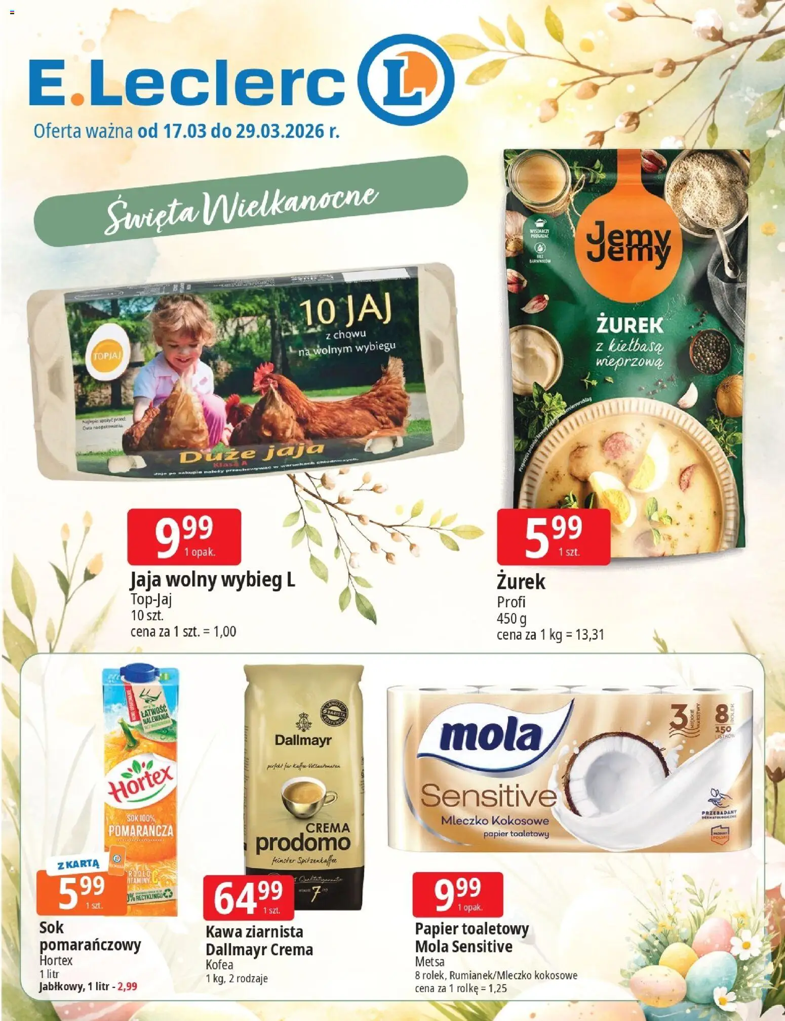 E.Leclerc gazetka - Zielona Góra Wielkanoc od 17.03.2026 | Strona: 1 | Produkty: Kiełbasa, Zurek, Kawa, Sok