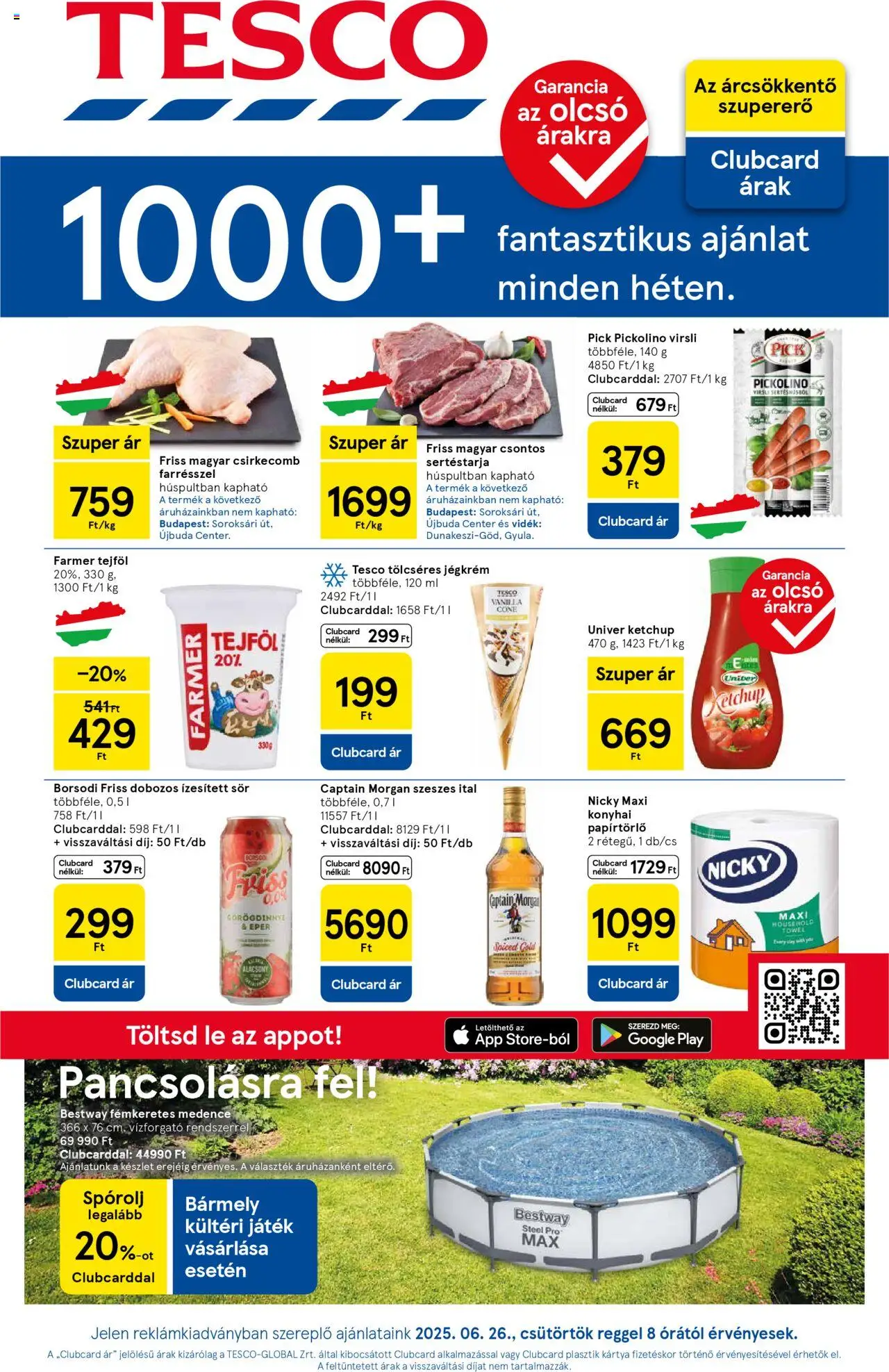 Tesco akciós ujság - amely érvényes a következő dátumtól: 26.06.2025 | Oldal: 1 | Termékek: Virsli, Farmer, Sertéstarja, Játék