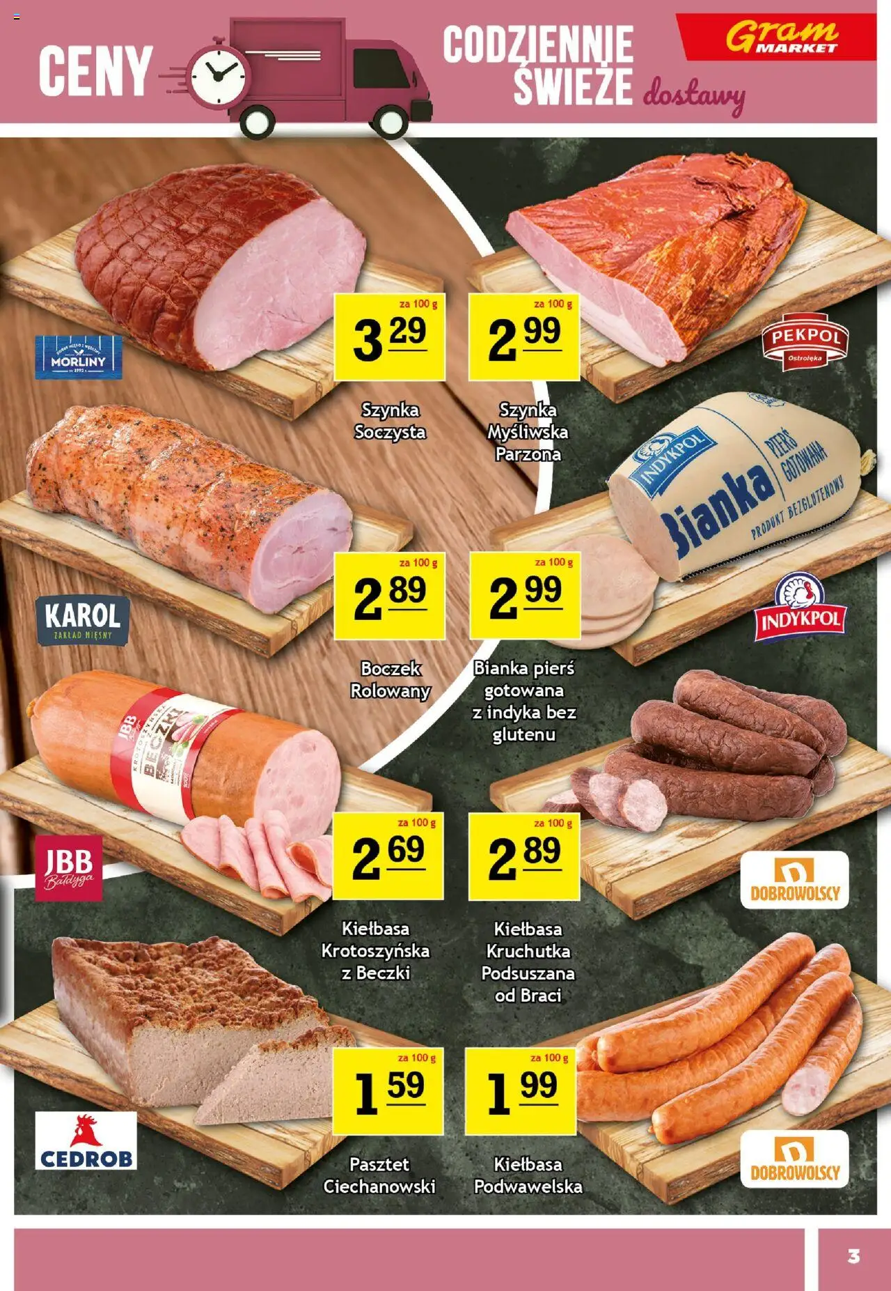 Gram Market Gazetka od 22.10.2025 | Strona: 3 | Produkty: Kiełbasa, Myśliwska, Szynka, Boczek