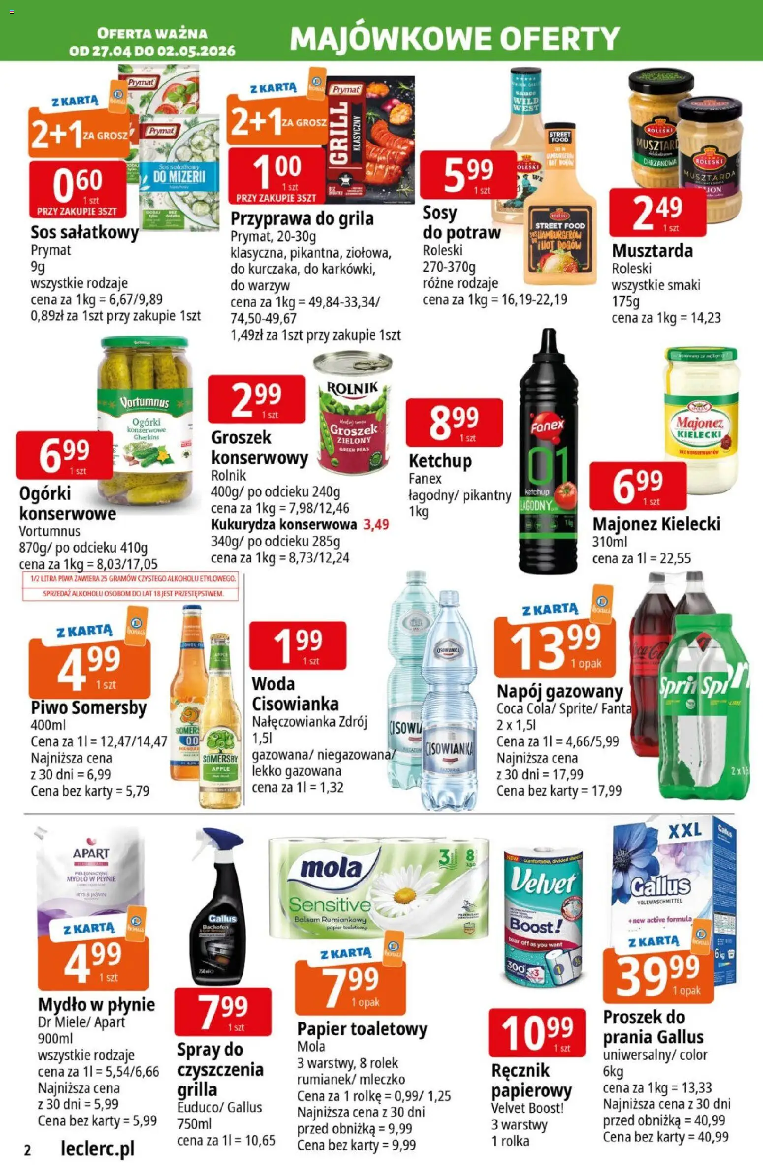 E.Leclerc gazetka - Radom od 27.04.2026 | Strona: 2 | Produkty: Kukurydza, Piwo, Mydło, Woda