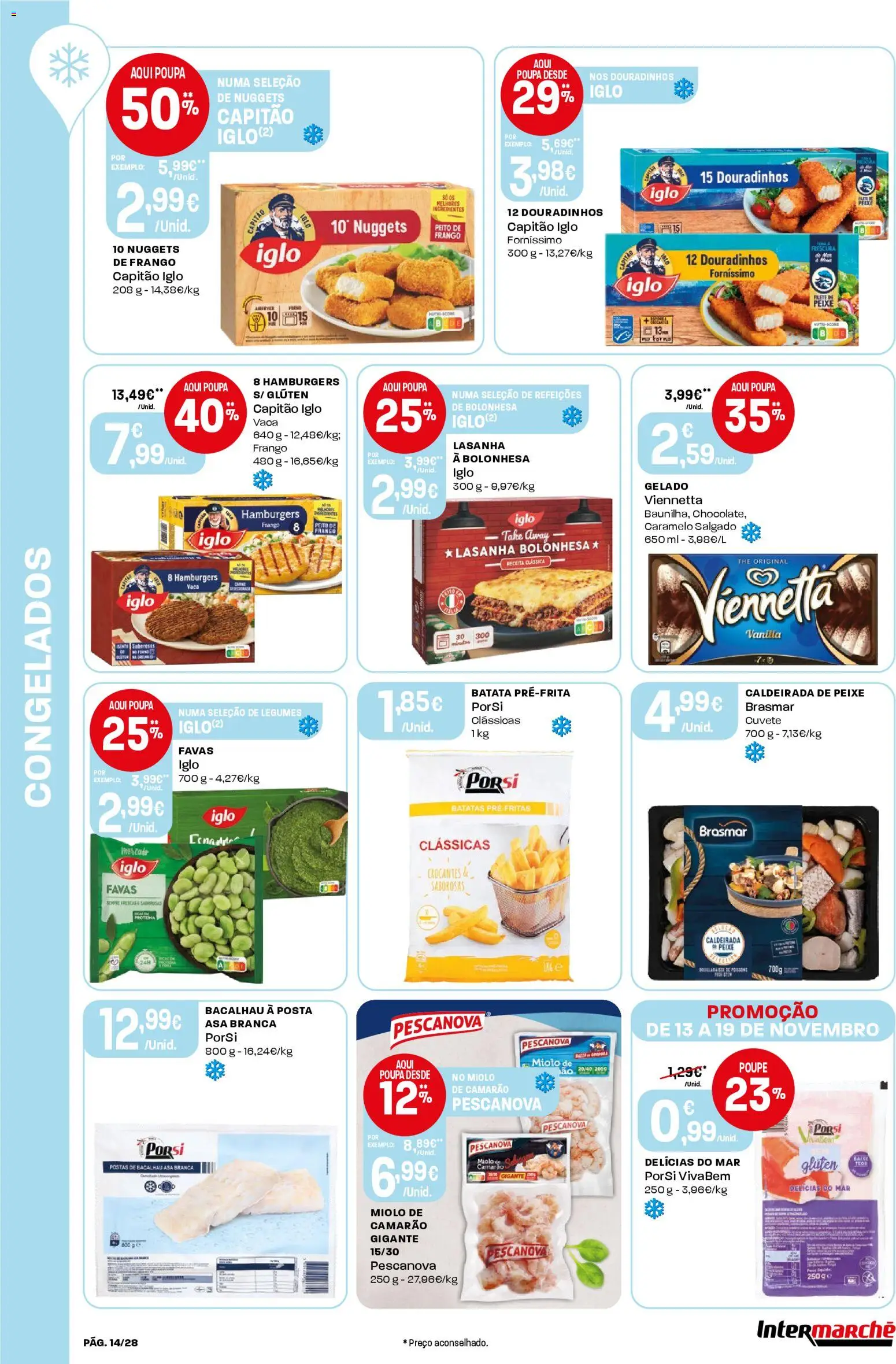 Intermarché Folheto Contact │ válido de 13.11.2025 | Página: 14 | Produtos: Bacalhau, Frango, Capitão iglo, Peixe