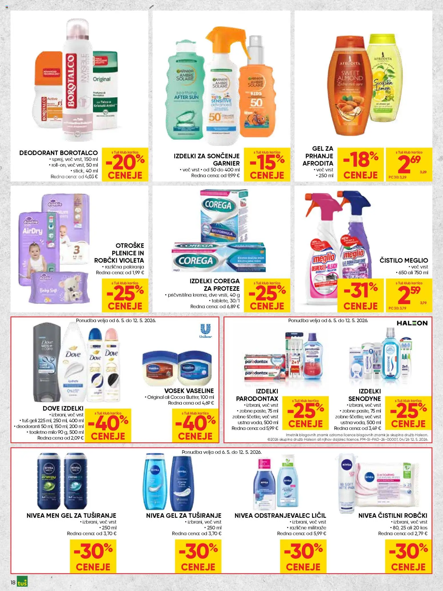 Novi Tuš katalog ponudbe – veljaven od 29.04.2026 | Stran: 18 | Izdelki: Robčki, Odstranjevalec licil, Milo, Gel za tusiranje