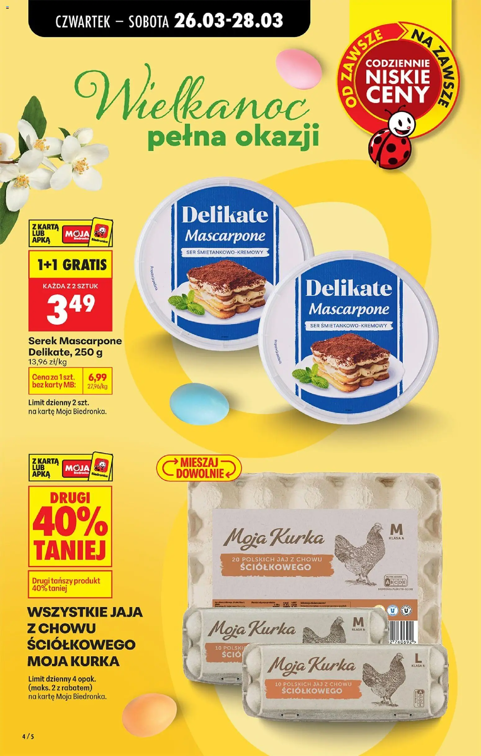 Biedronka gazetka od czwartku od 26.03.2026 | Strona: 4 | Produkty: Karta, Serek, Mascarpone, Jaja
