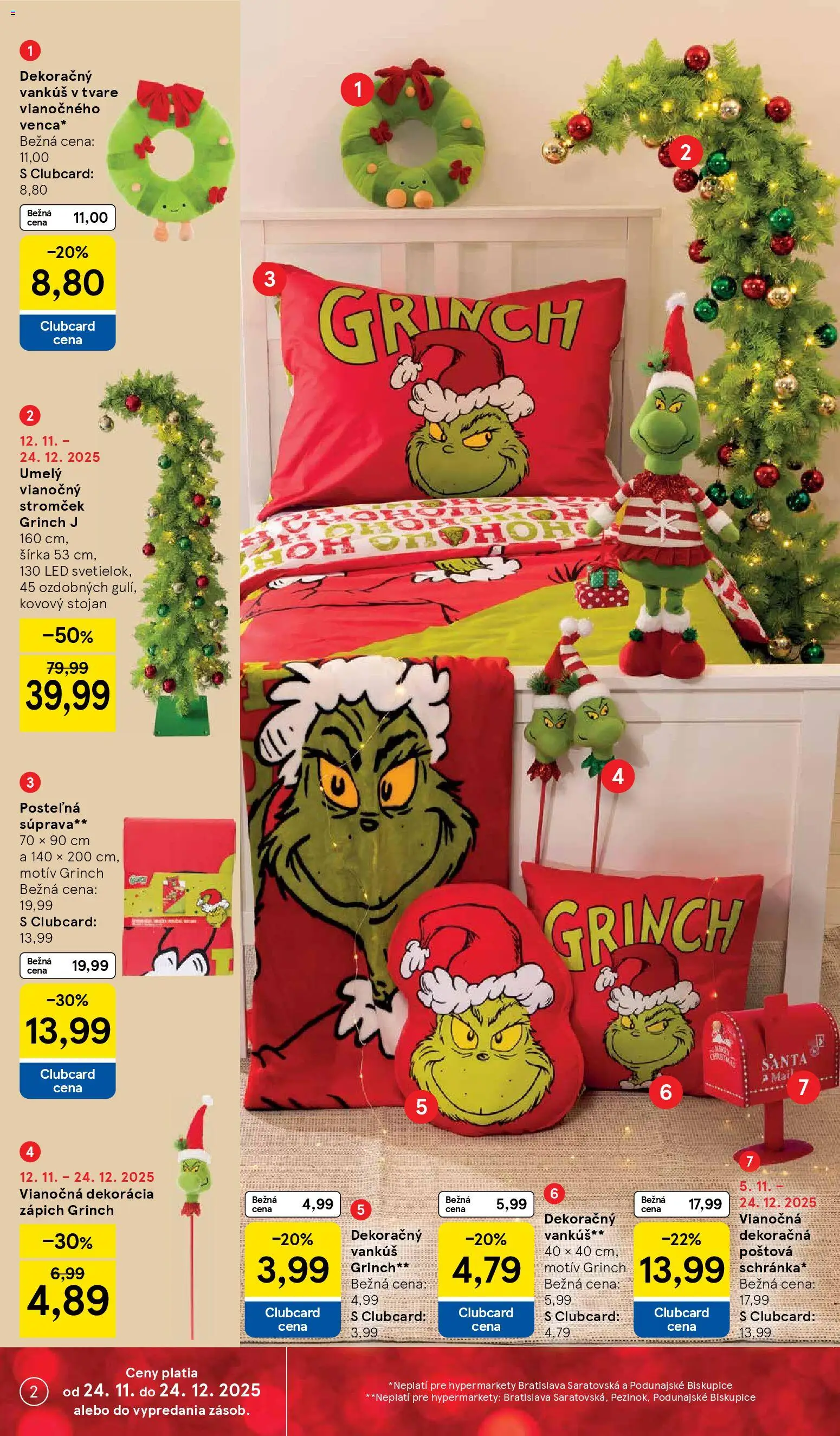 Nové Tesco akcie – leták je platný od 24.11.2025 | Strana: 2 | Produkty: Vankúš, Led, Vianočný stromček