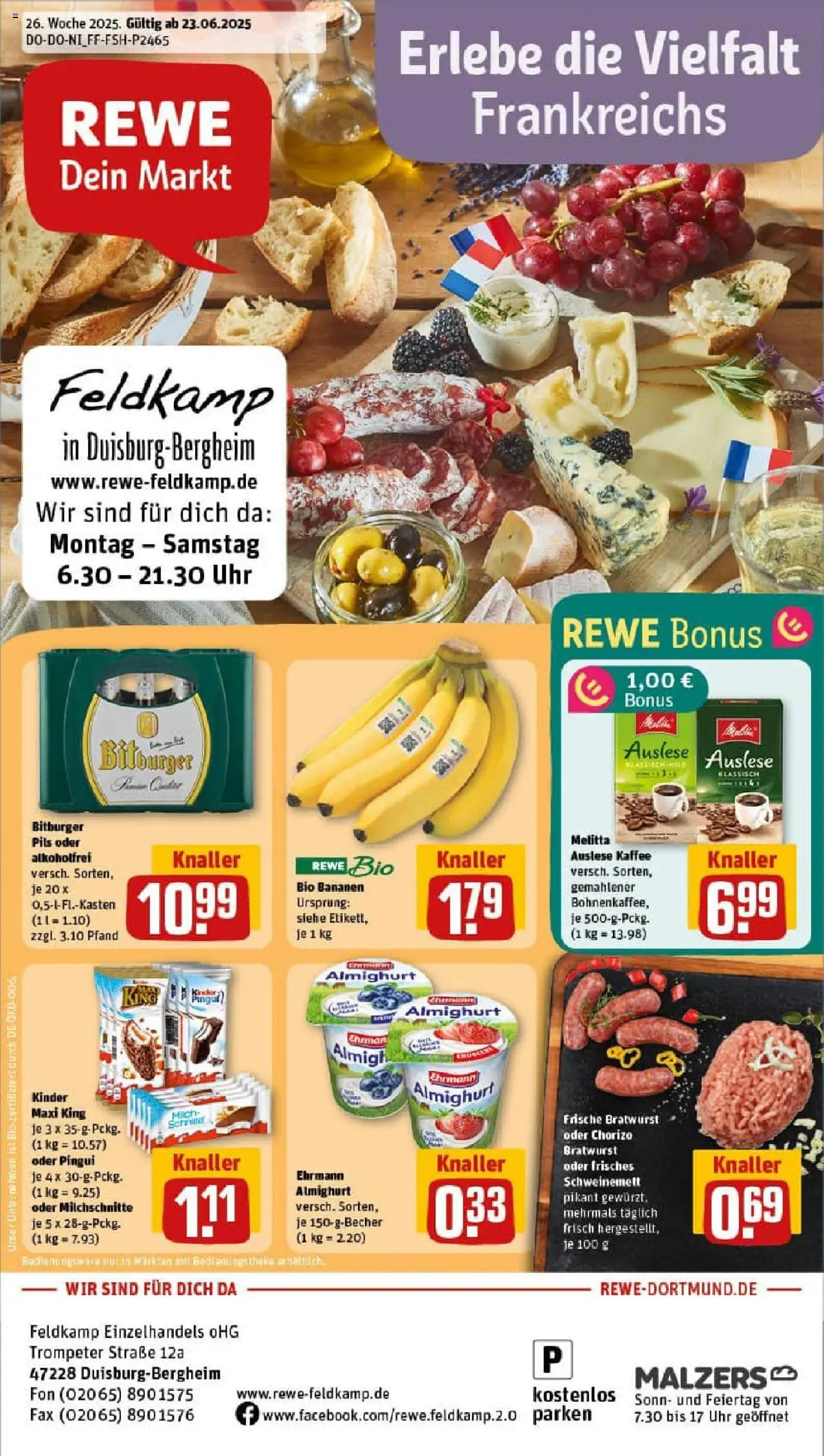 Rewe prospekt Duisburg / Bergheim	 - gültig ab dem 22.06.2025 | Seite: 1 | Produkte: Bitburger, Kaffee, Bratwurst, Bananen