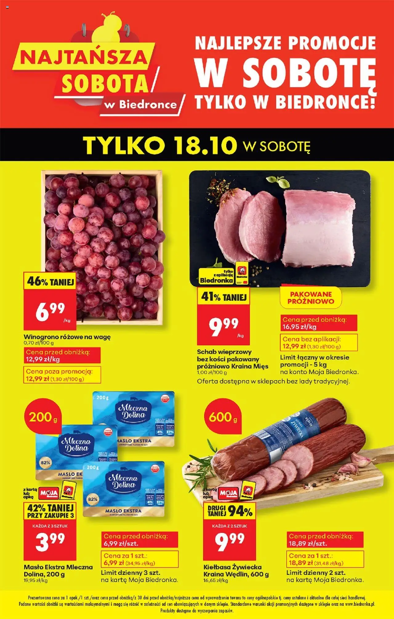 Biedronka gazetka - Najtańsza sobota od 18.10.2025 | Strona: 1 | Produkty: Winogrono, Schab, Schab wieprzowy, Masło