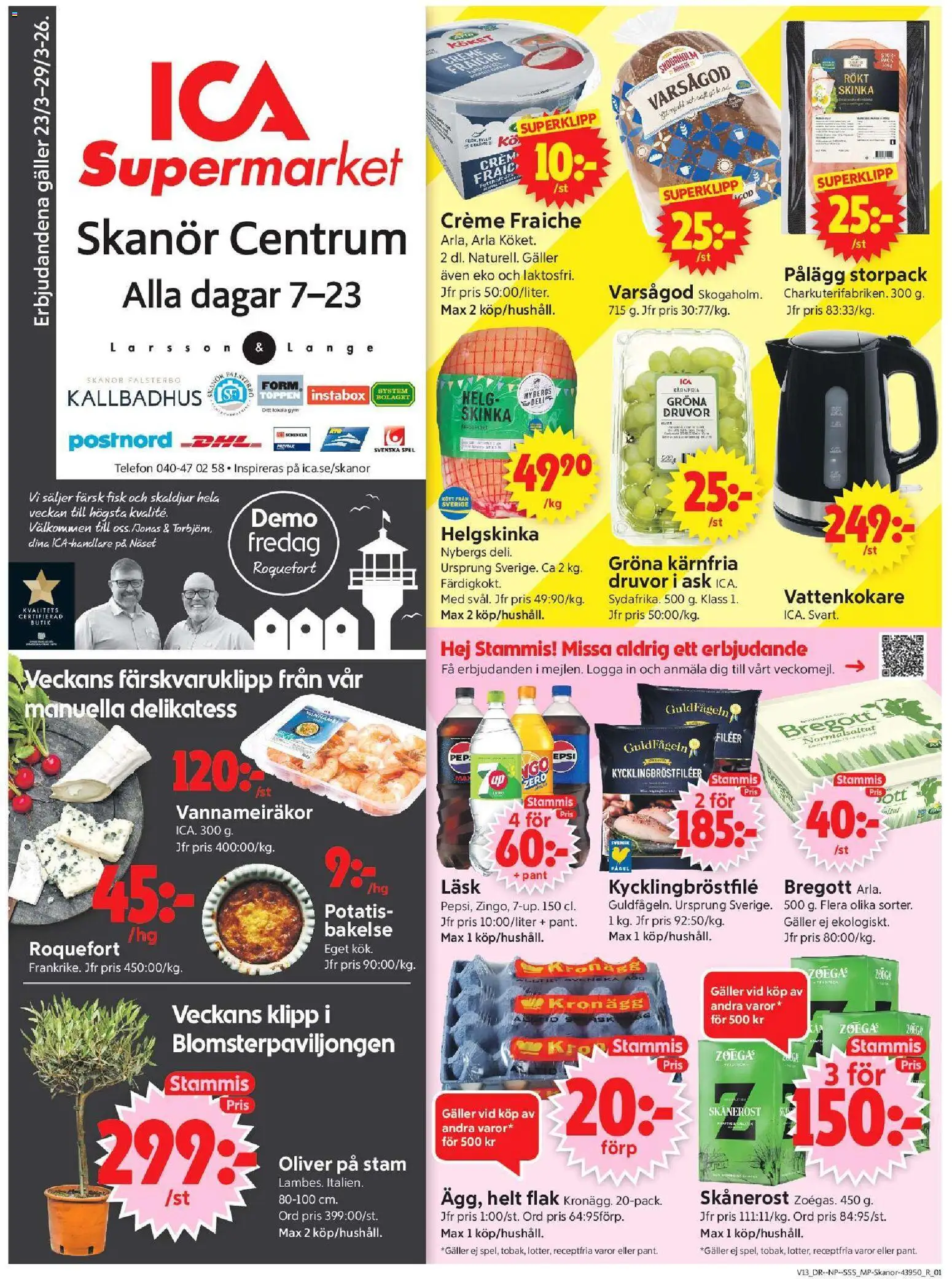 ICA Supermarket reklamblad aktuell från 23.03.2026 | Sida: 1 | Produkter: Oliver, Galler, Bregott, Spel