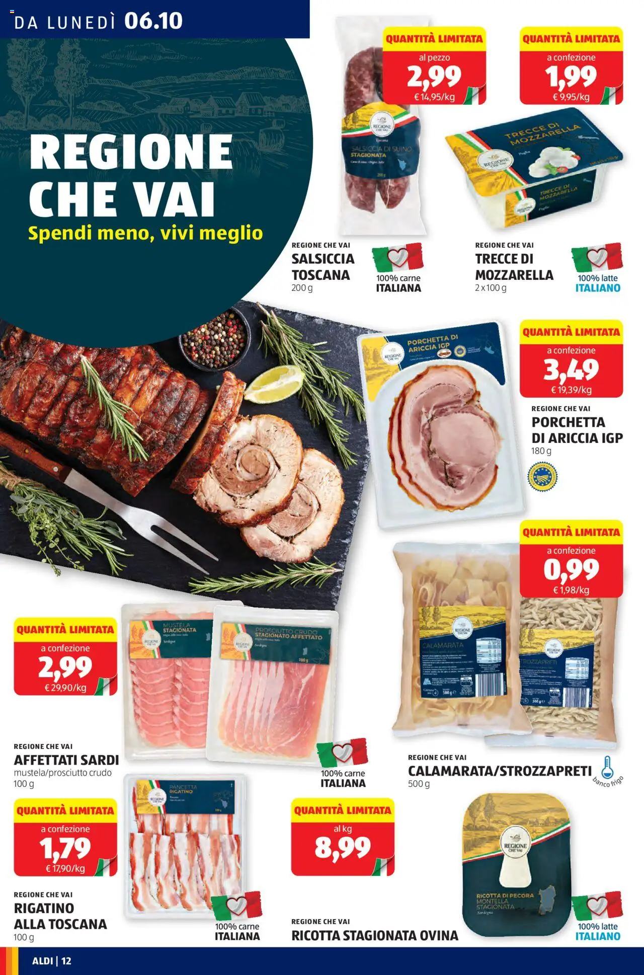 Volantino Aldi del 06.10.2025 | Pagina: 12 | Prodotti: Suino, Mozzarella, Latte, Salsiccia
