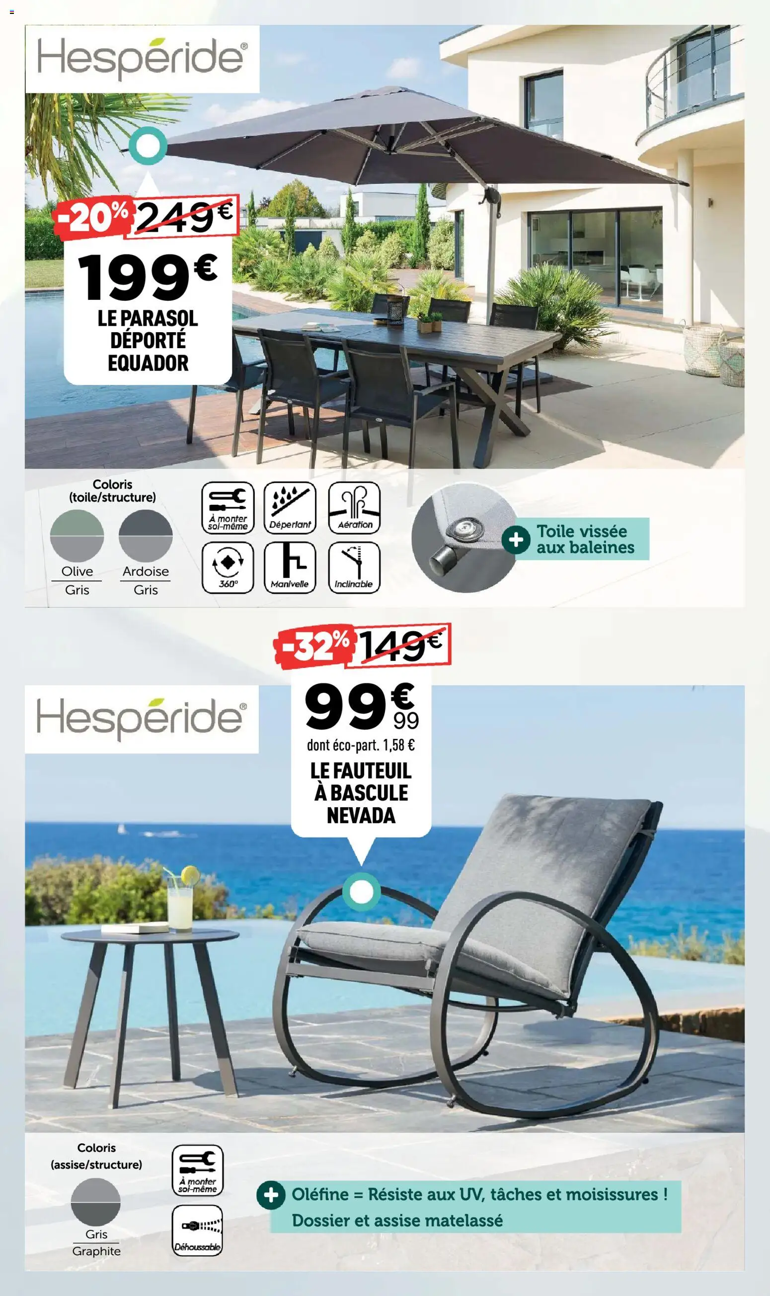 {H1} | Page: 34 | Produits: Olive, Fauteuil, Parasol déporté, Parasol