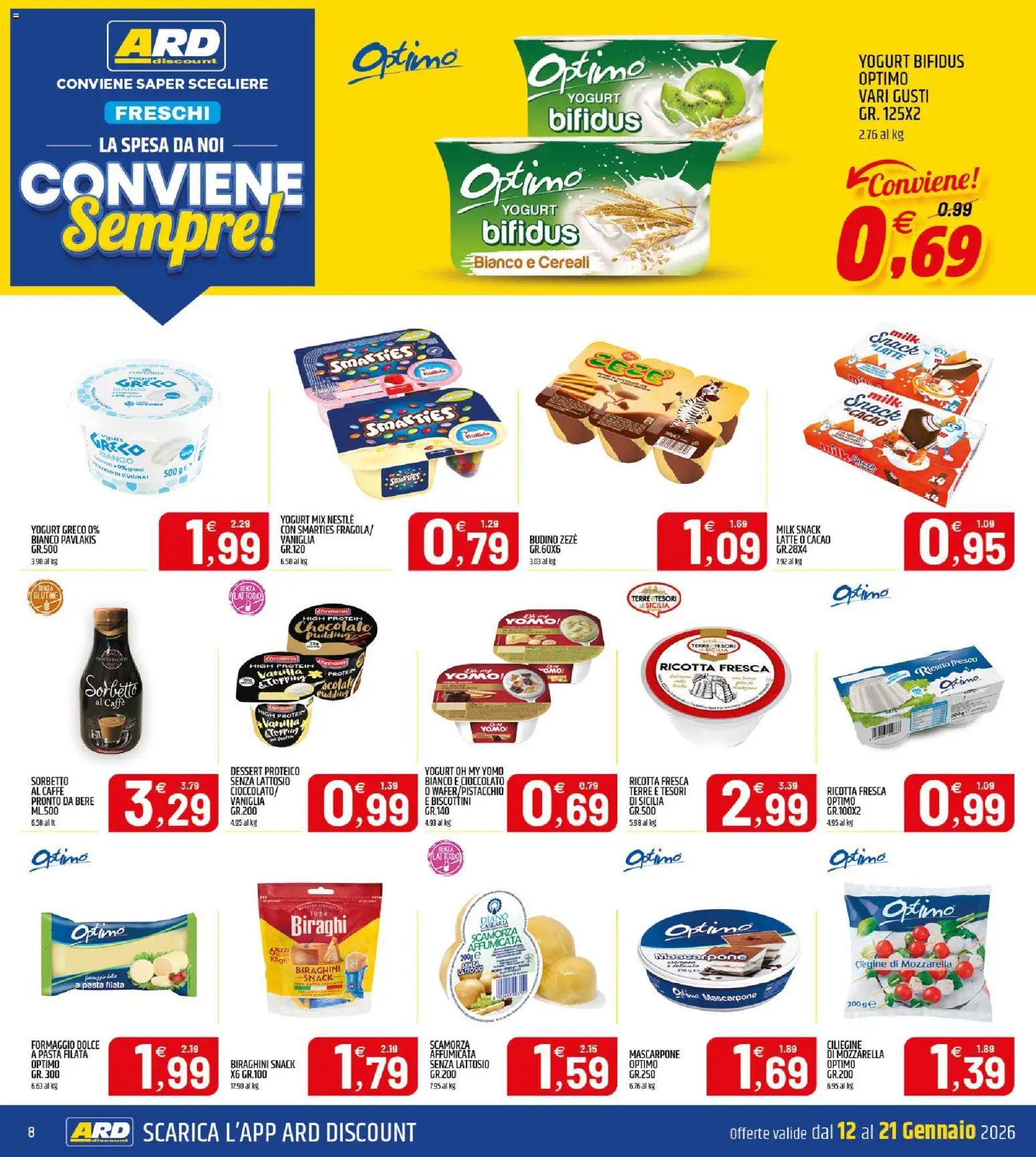 Volantino ARD Discount del 12.01.2026 | Pagina: 8 | Prodotti: Yogurt, Sorbetto, Mozzarella, Cacao