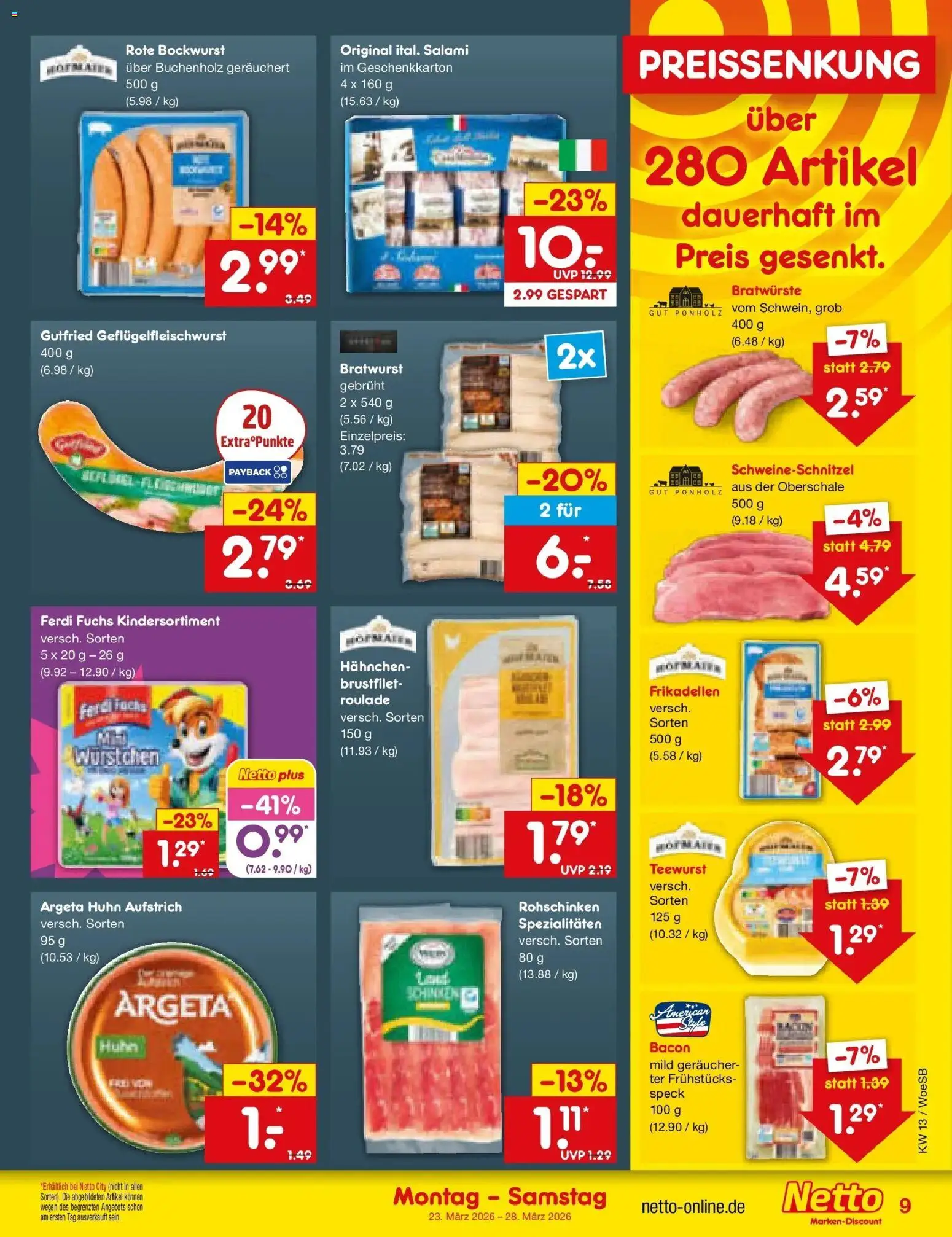 Netto Marken-Discount Prospekt Katzweiler	 – gültig ab 23.03.2026 | Seite: 9 | Produkte: Bockwurst, Hahnchen, Bratwurst, Salami