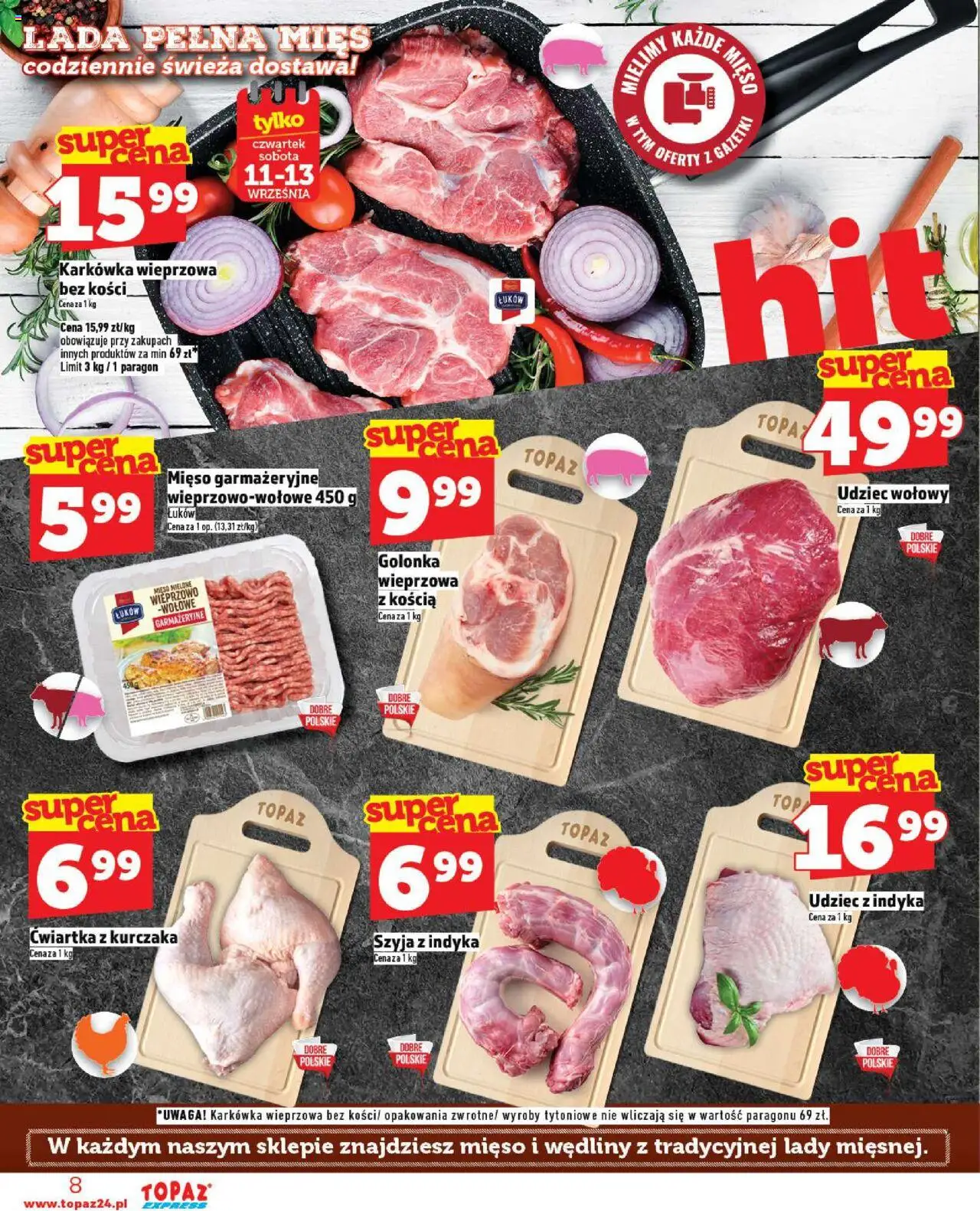 Topaz Gazetka - Express od 11.09.2025 | Strona: 8 | Produkty: Karkówka wieprzowa, Mięso mielone, Wędliny, Ćwiartka z kurczaka