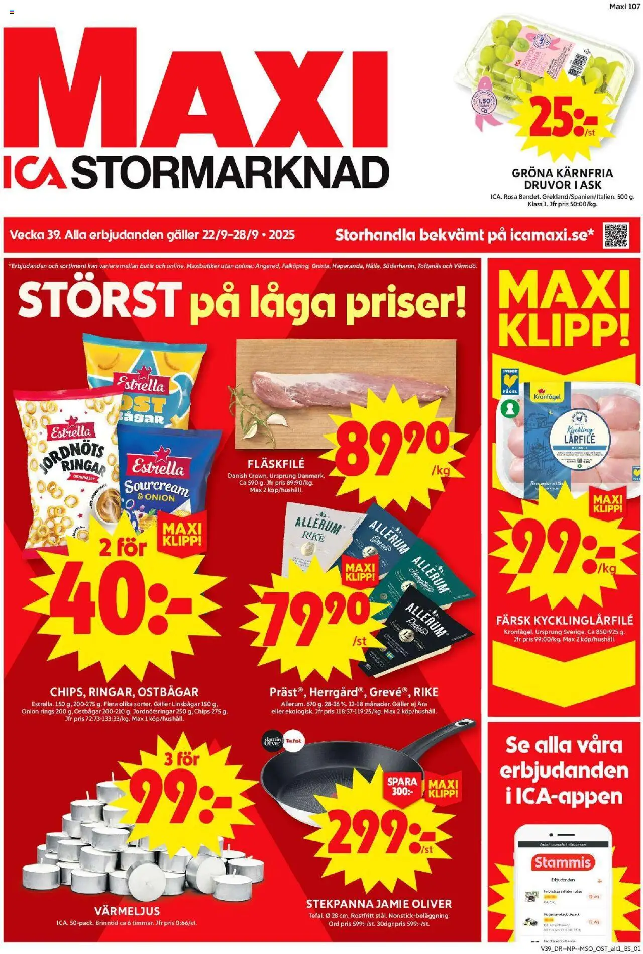 ICA Maxi reklamblad aktuell från 22.09.2025 | Sida: 1 | Produkter: Oliver, Galler, Värmeljus, Stekpanna