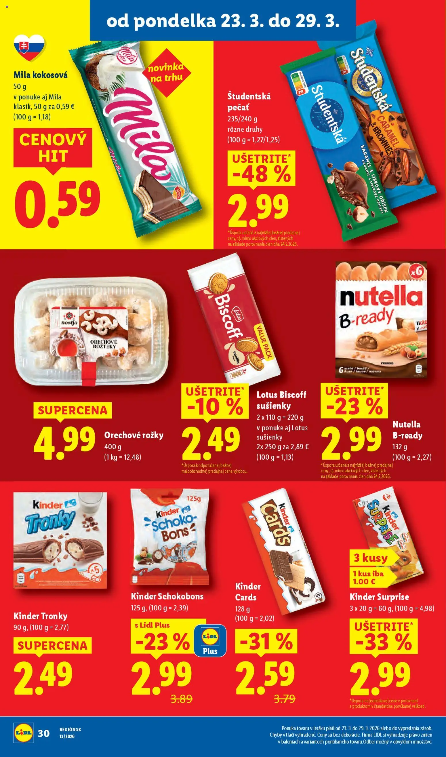Nové Lidl akcie – leták je platný od 23.03.2026 | Strana: 36 | Produkty: Kinder Surprise, Študentská pečať, Rožky, Nutella