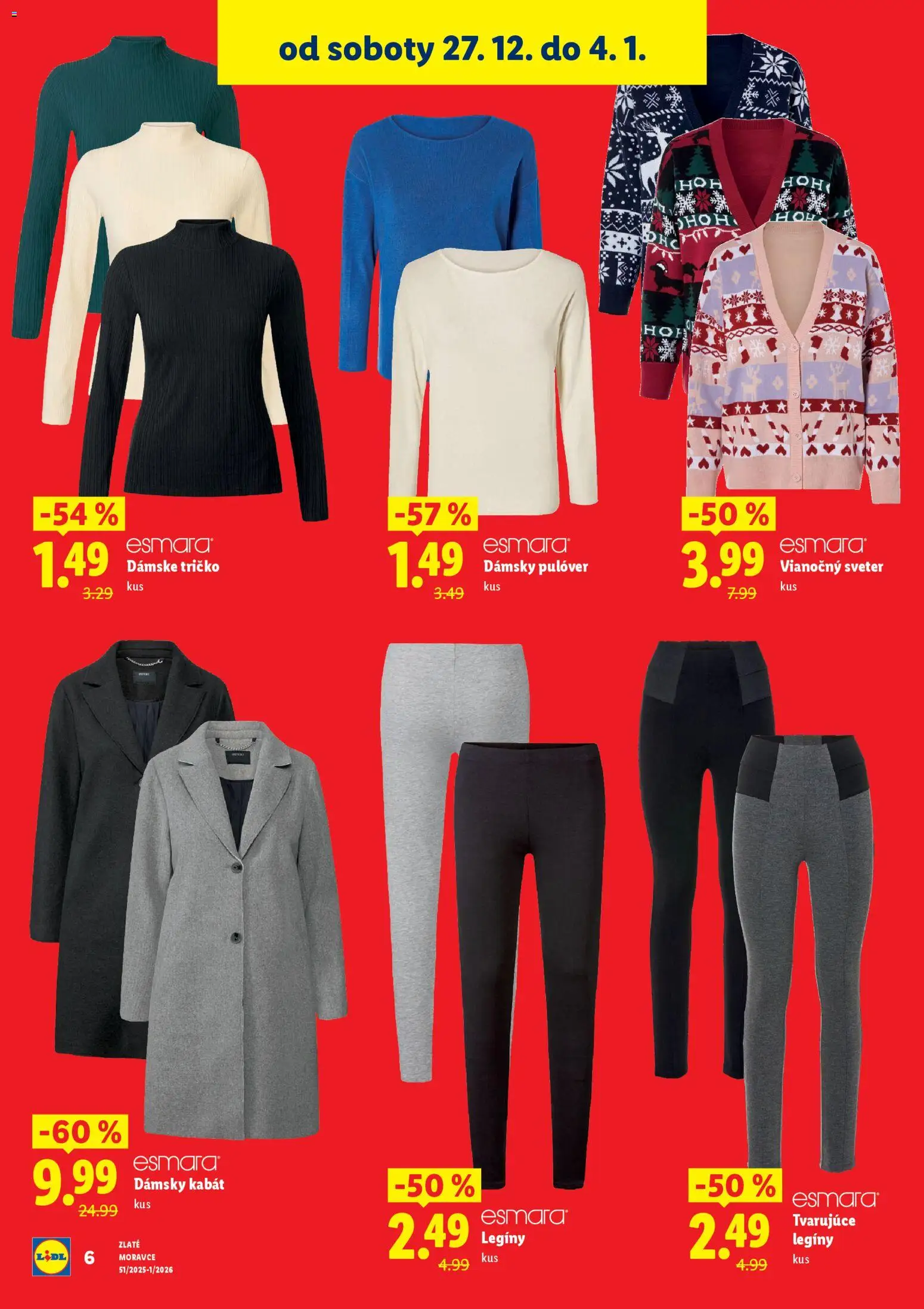 Nové Lidl akcie – leták je platný od 27.12.2025 | Strana: 6 | Produkty: Tričko, Sveter, Kabát, Legíny
