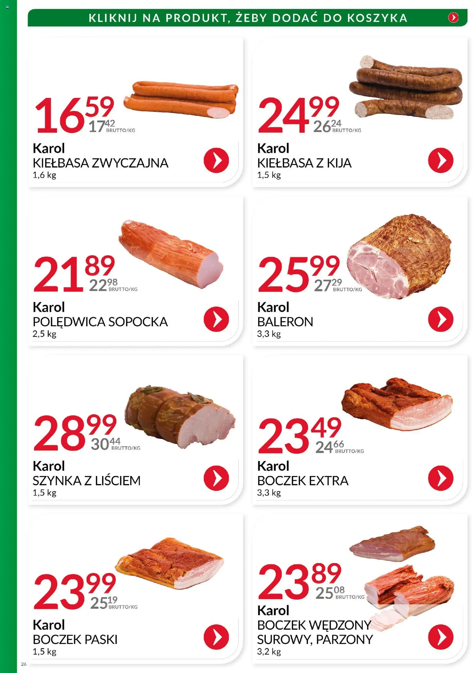 Eurocash Gazetka - Katalog Wędlin od 01.12.2025 | Strona: 26 | Produkty: Kiełbasa, Szynka, Boczek wędzony, Boczek