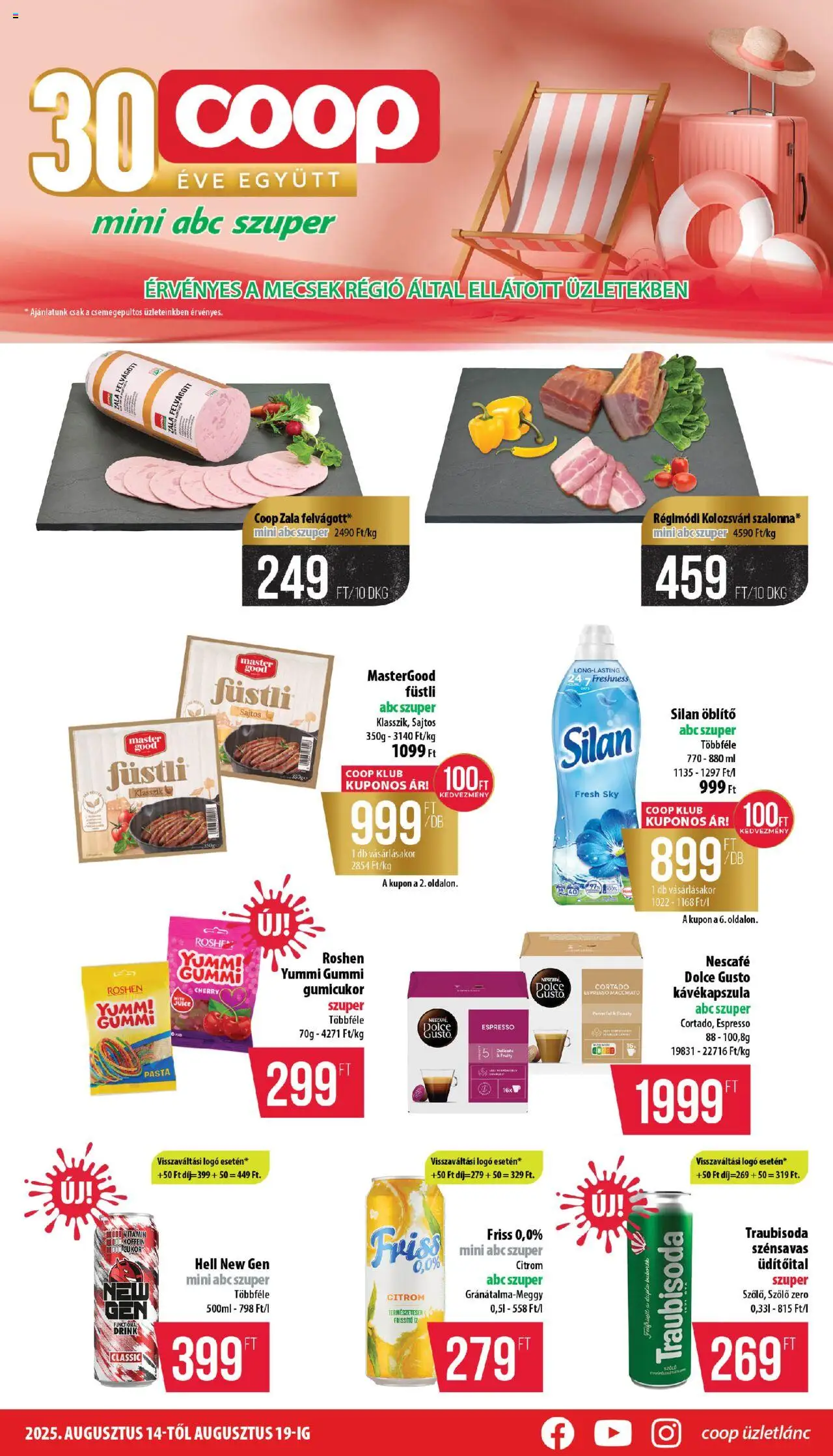 COOP akciós ujság - amely érvényes a következő dátumtól: 14.08.2025 | Oldal: 1 | Termékek: Dolce Gusto, Nescafé, Öblítő, Felvágott
