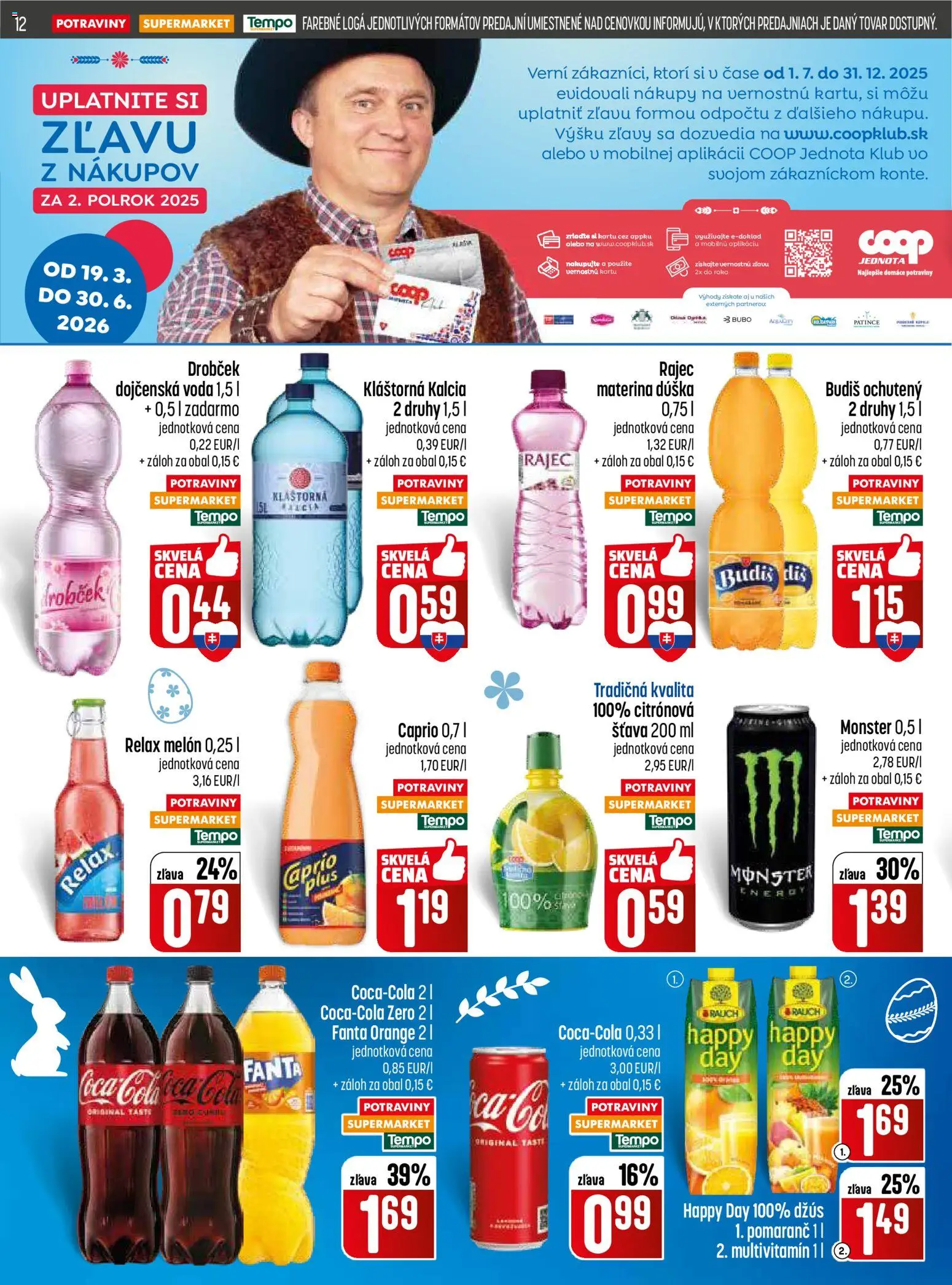 Nové COOP Jednota akcie – leták je platný od 19.03.2026 | Strana: 12 | Produkty: Rajec, Fanta, Voda, Melón