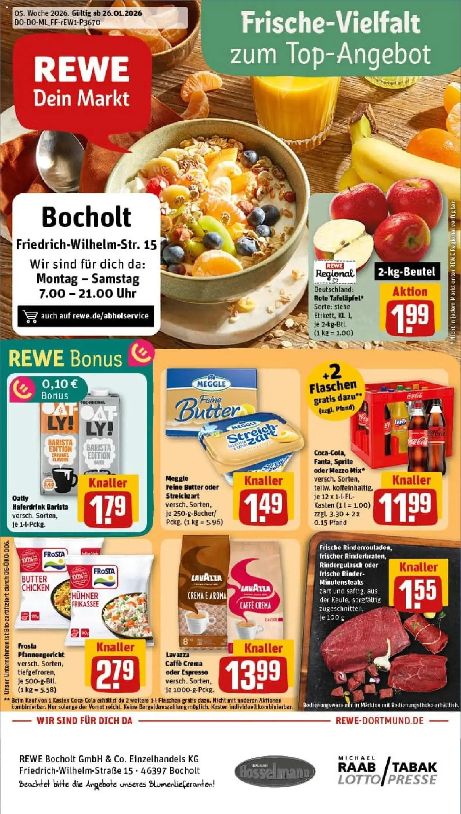 Rewe prospekt Bocholt	 – gültig ab 26.01.2026 | Seite: 1 | Produkte: Coca cola, Cola, Haferdrink, Uhr