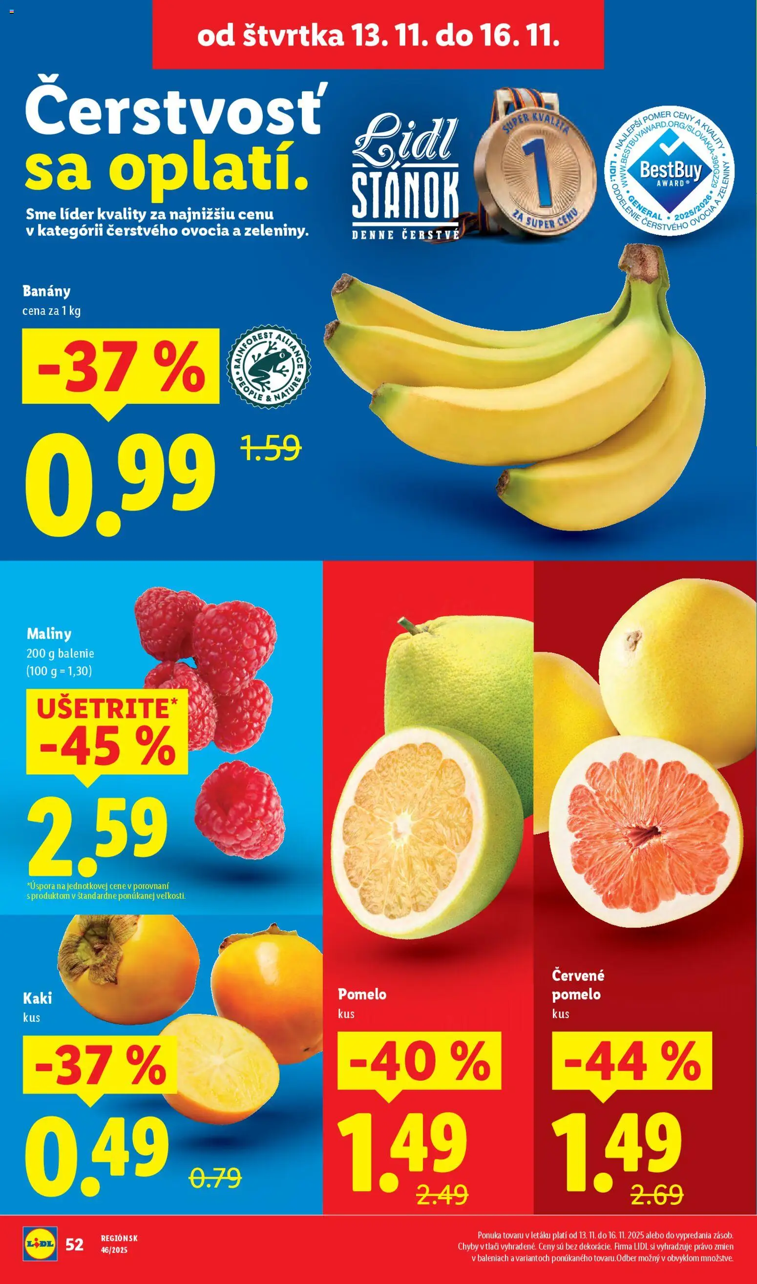Nové Lidl akcie – leták je platný od 13.11.2025 | Strana: 22 | Produkty: Kaki, Banány, Pomelo, Maliny