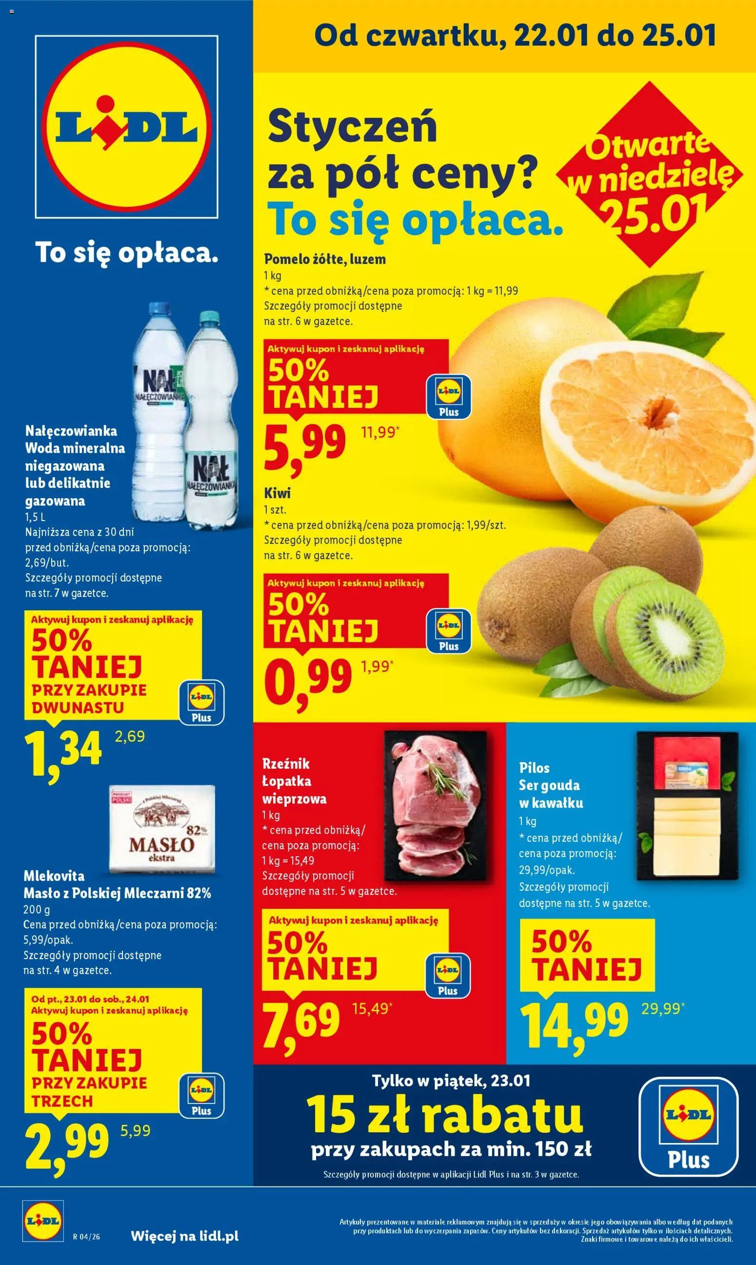 Lidl Gazetka od 22.01.2026 | Strona: 1 | Produkty: Łopatka wieprzowa, Masło, Ser, Kiwi