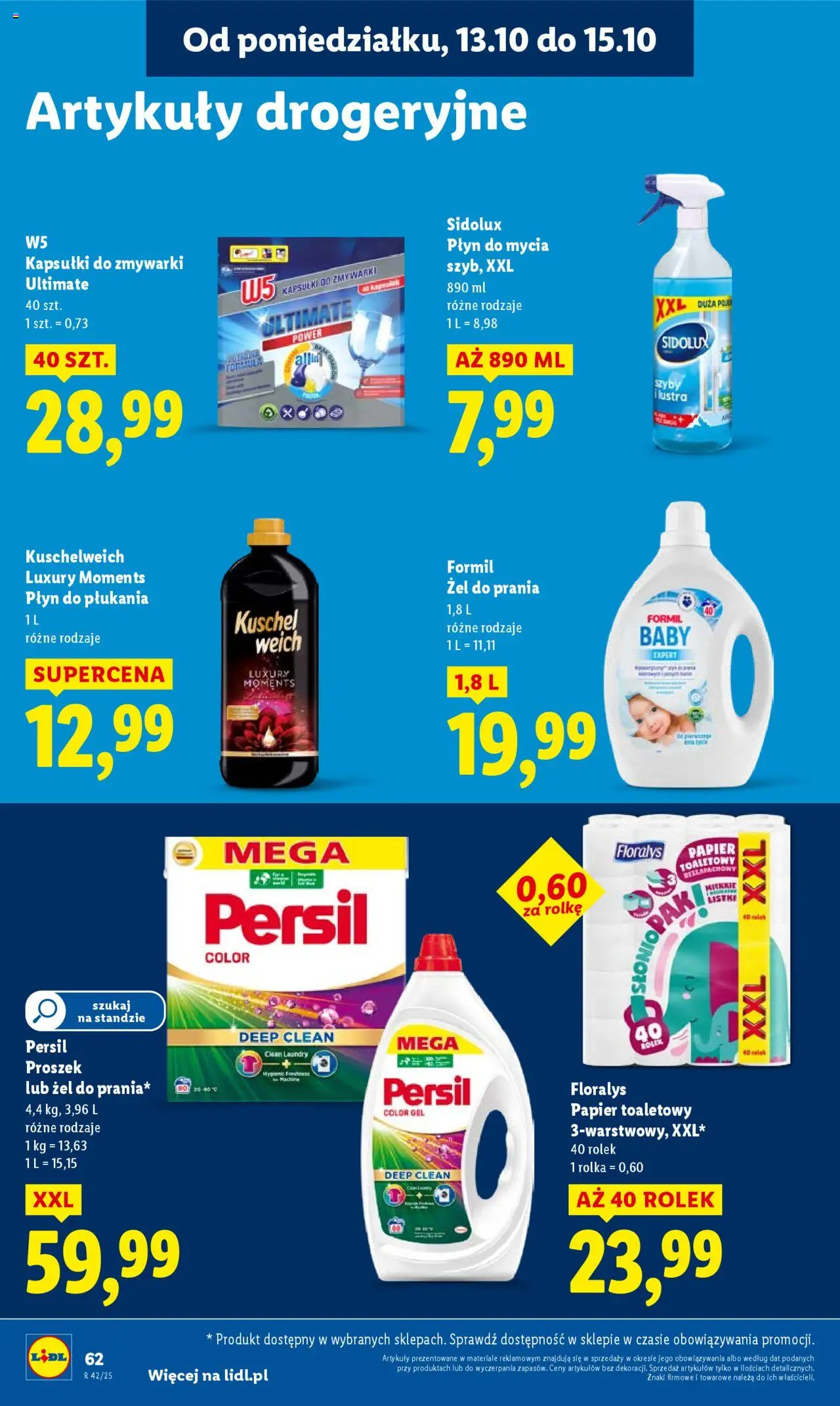 Lidl Gazetka od 13.10.2025 | Strona: 62 | Produkty: Papier toaletowy, Persil, Detergent, Kapsułki do zmywarki