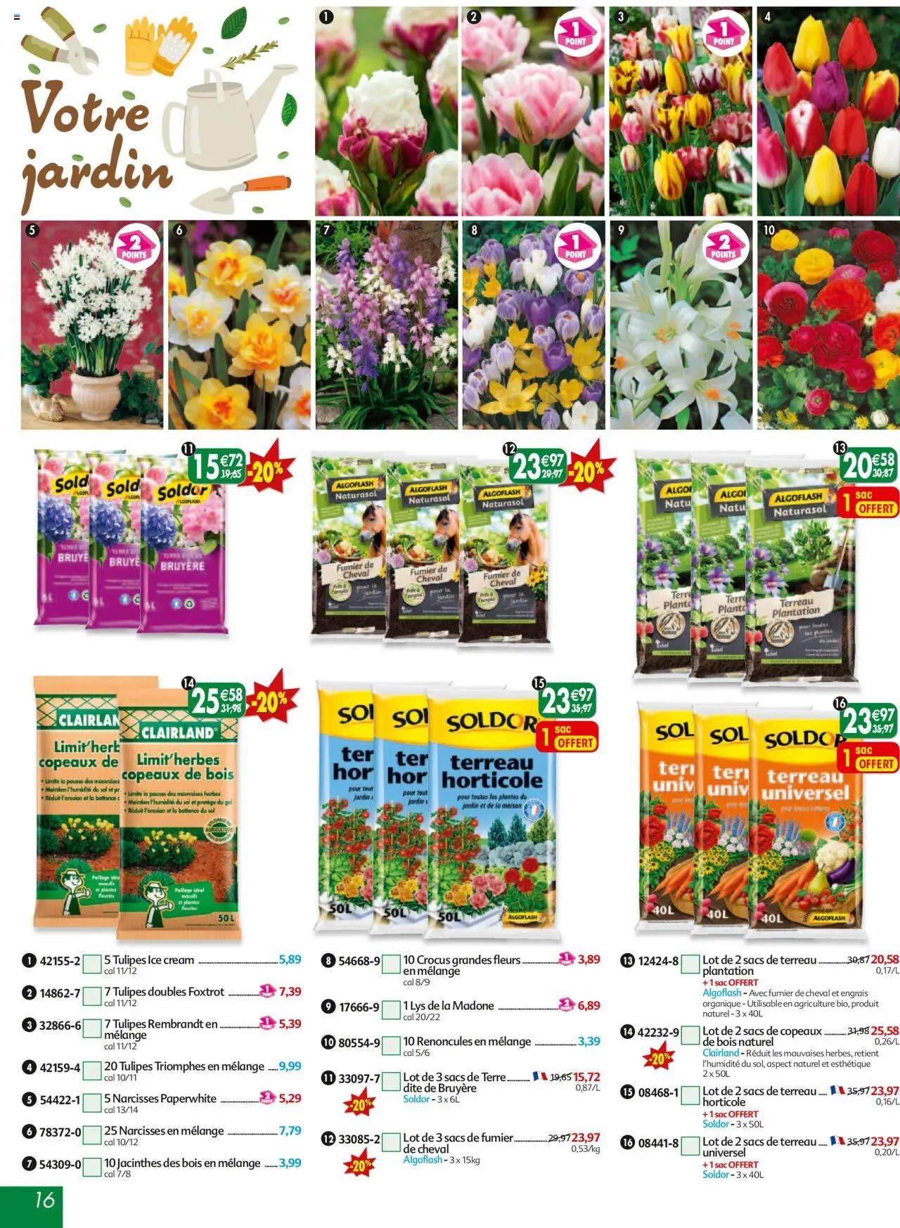{H1} | Page: 16 | Produits: Sac, Terreau, Copeaux de bois, Tulipes