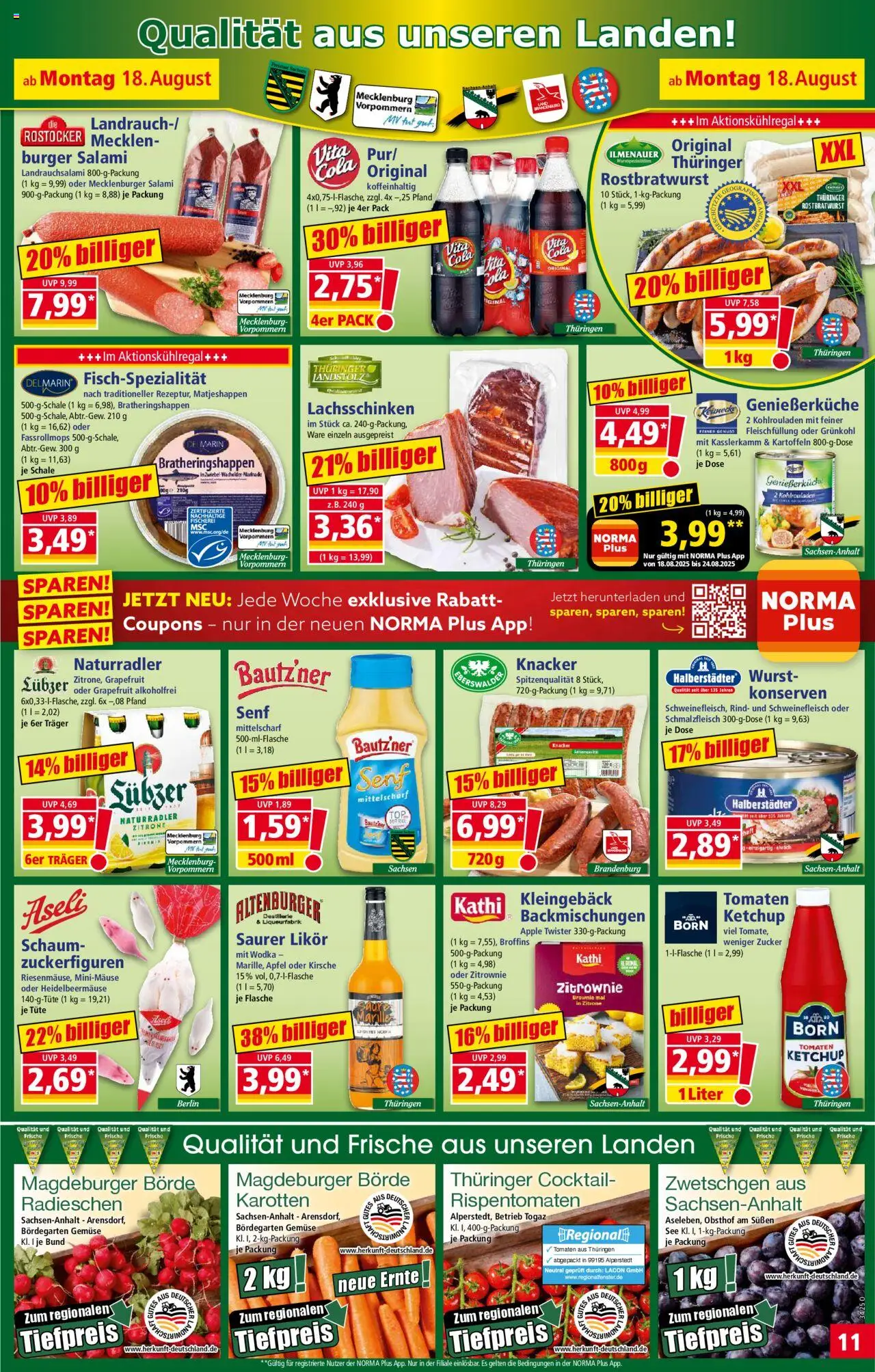 Norma Prospekt 	 - gültig ab dem 18.08.2025 | Seite: 11 | Produkte: Wurst, Schweinefleisch, Ketchup, Wodka