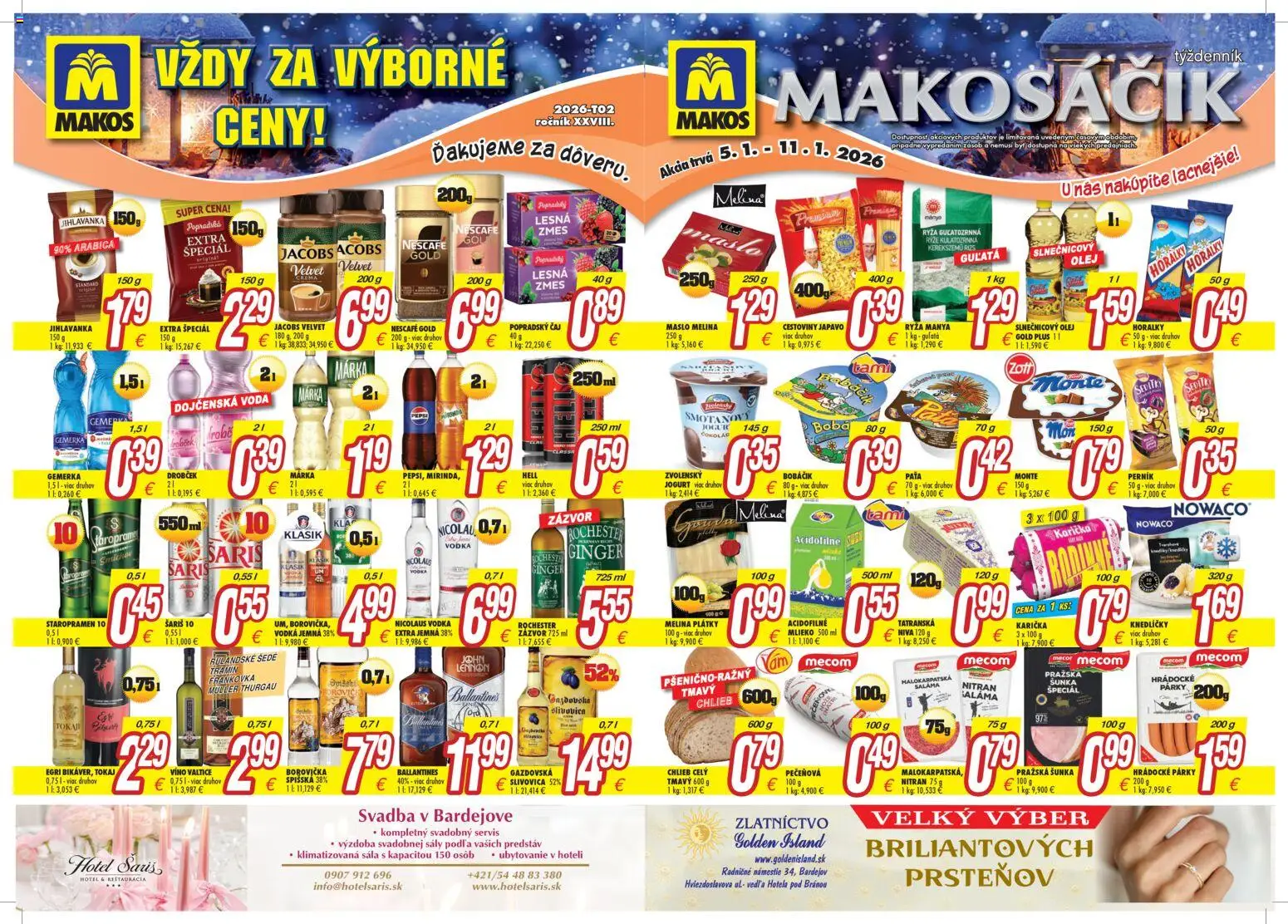 Nové Makos akcie – leták je platný od 05.01.2026 | Strana: 1 | Produkty: Maslo, Saláma, Šariš, Staropramen