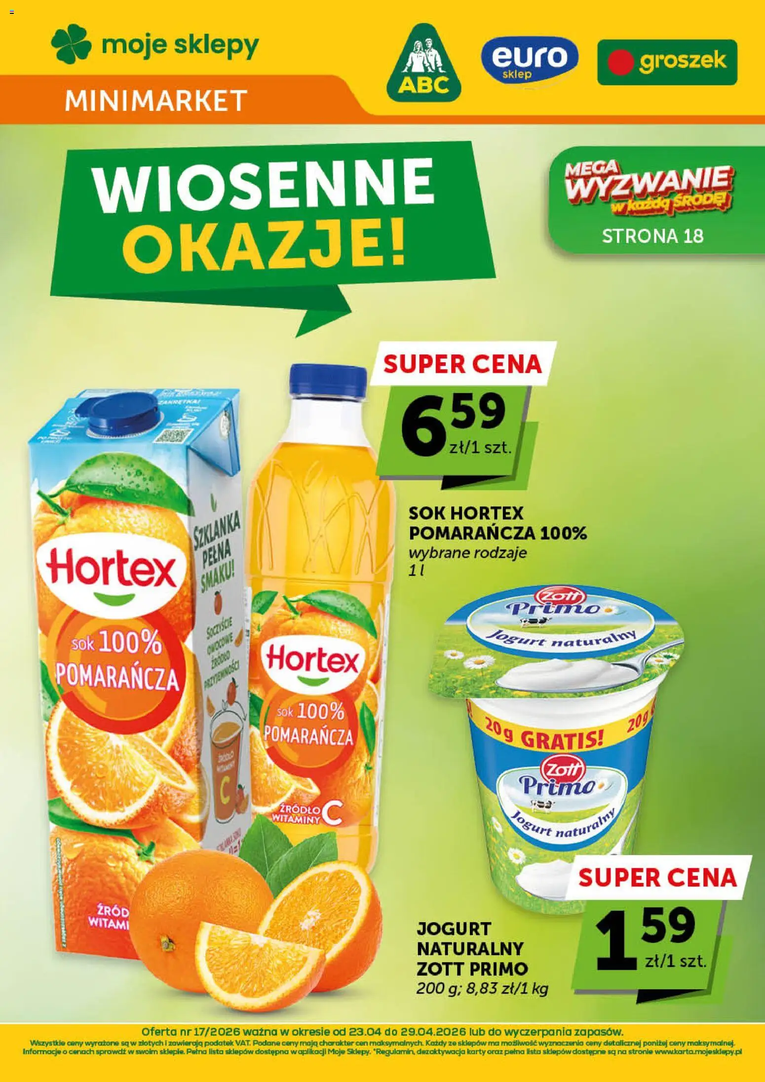 Groszek gazetka - Minimarket od 23.04.2026 | Strona: 1 | Produkty: Szklanka, Jogurt naturalny, Jogurt, Sok