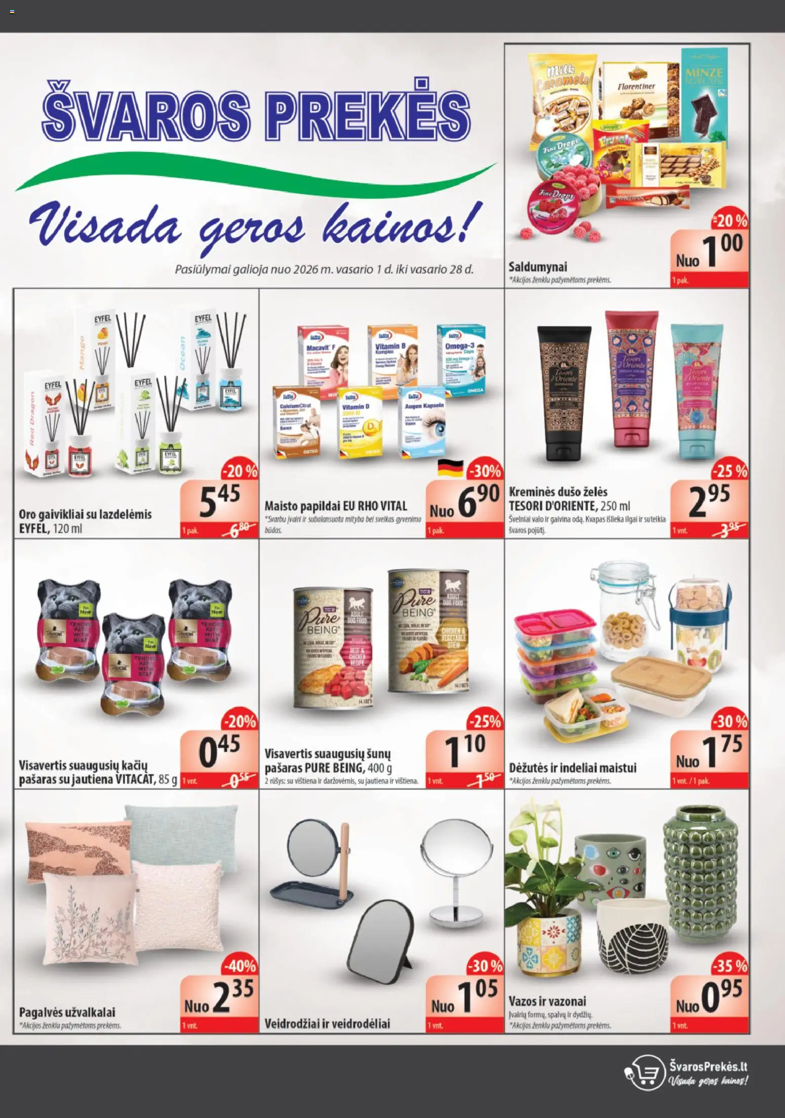 Švaros Prekés akcijos nuo 01.02.2026 | Puslapis: 1 | Prekių: Kvapas, Vištiena, Jautiena
