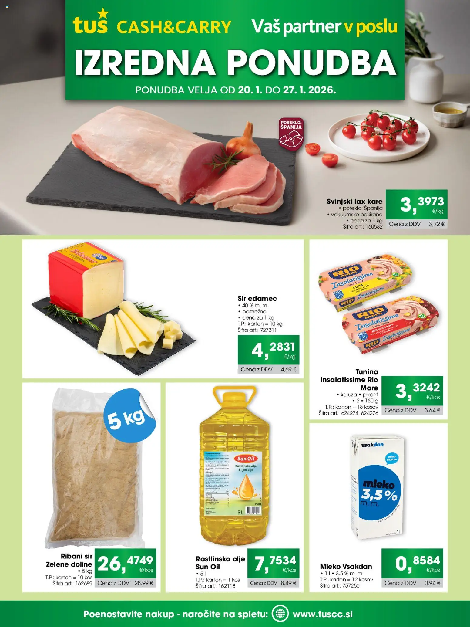 Novi Tuš katalog ponudbe – veljaven od 20.01.2026 | Stran: 1 | Izdelki: Edamec, Koruza, Kos, Olje