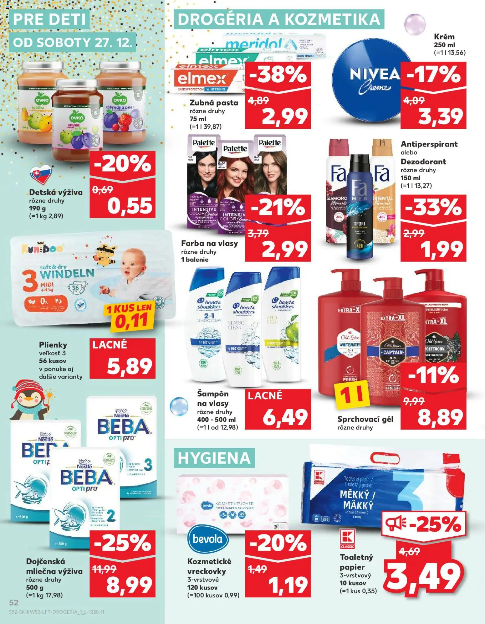 Nové Kaufland akcie – leták je platný od 27.12.2025 | Strana: 52 | Produkty: Toaletný papier, Dezodorant, Zubná pasta, Beba