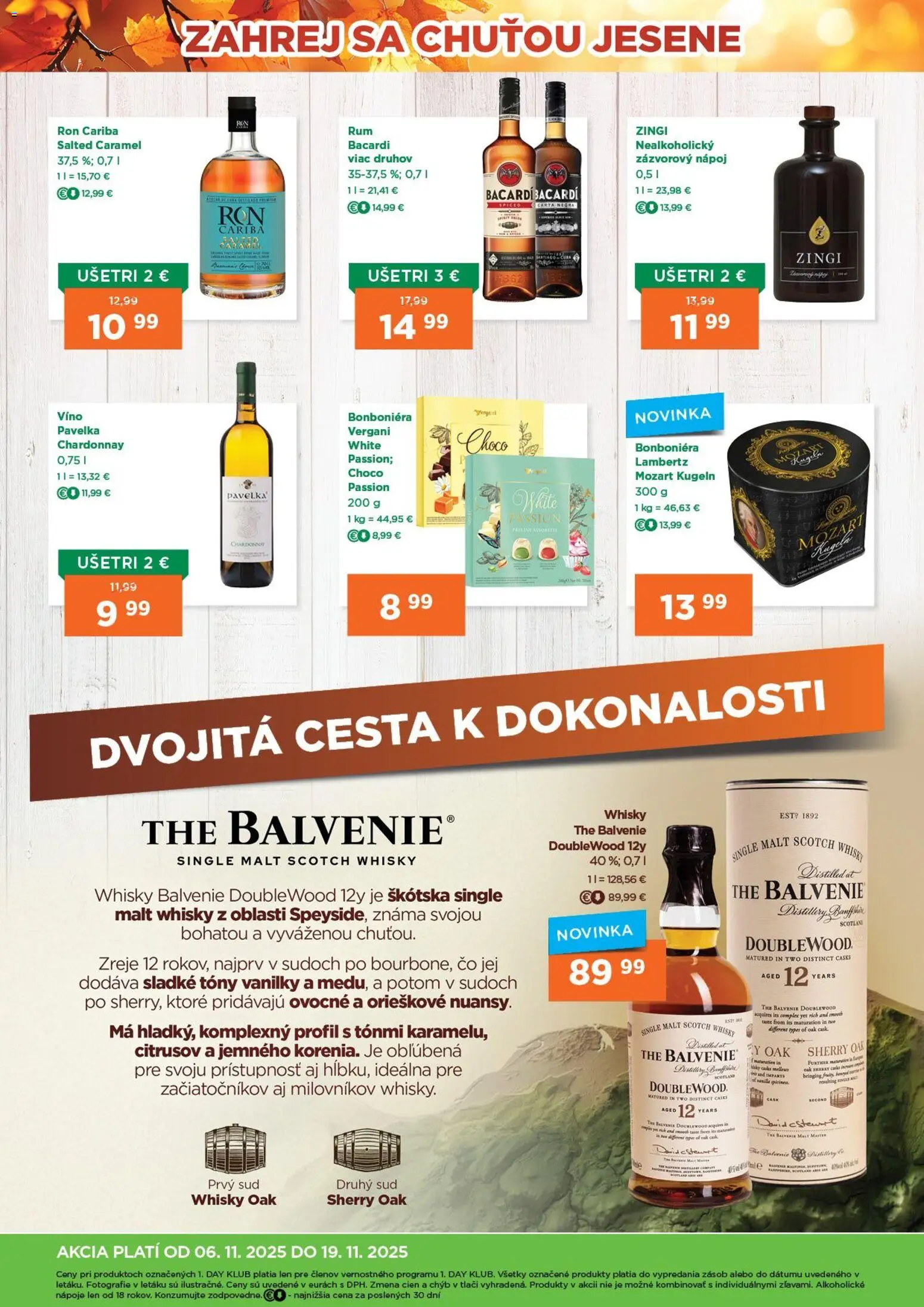 Nové 1day akcie – leták je platný od 06.11.2025 | Strana: 6 | Produkty: Víno, Whisky, Bacardi