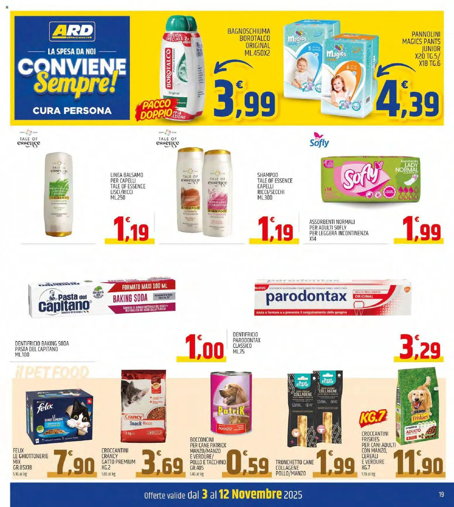 Volantino ARD Discount del 03.11.2025 | Pagina: 19 | Prodotti: Balsamo, Pannolini, Dentifricio, Manzo