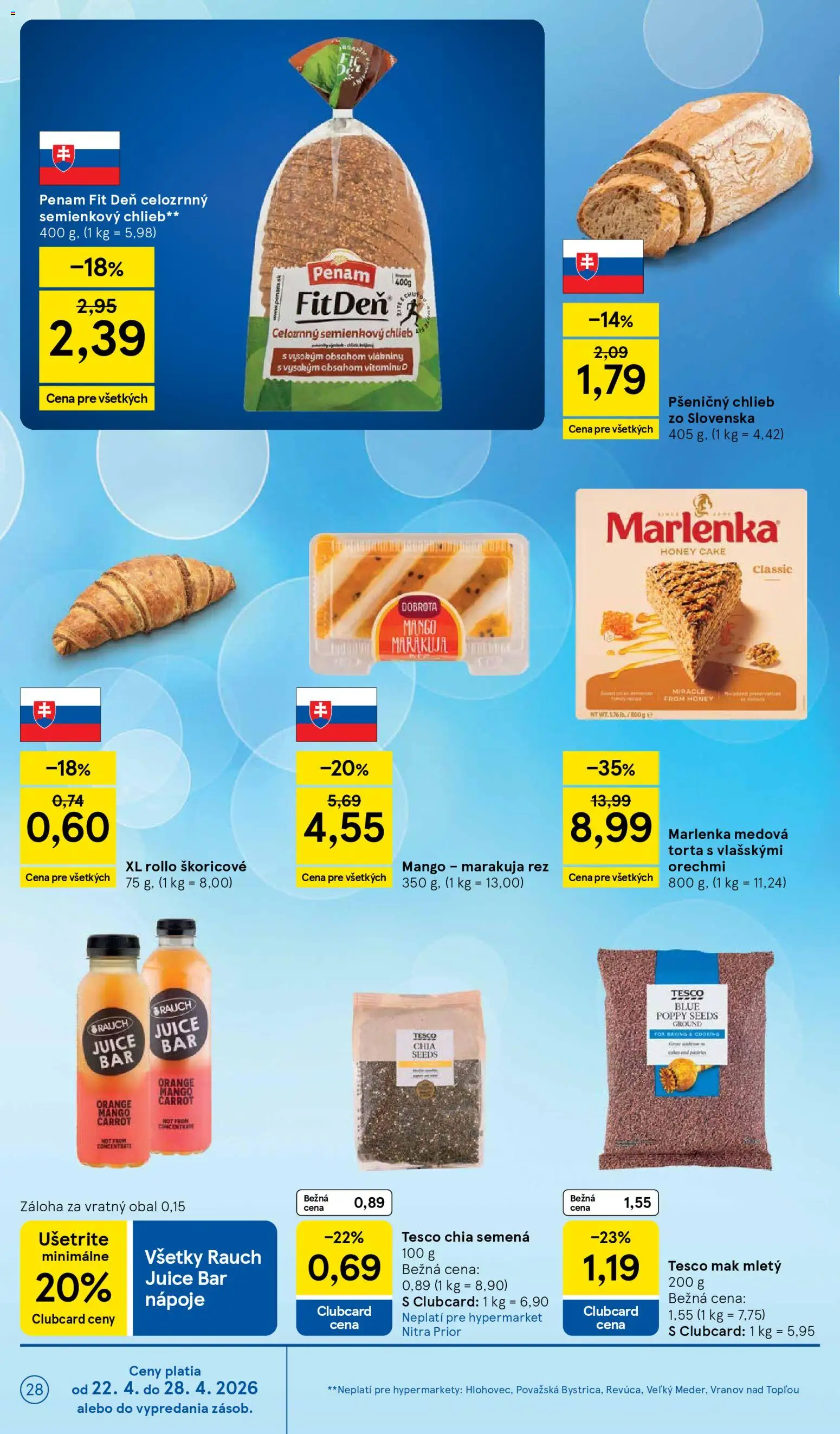 Nové Tesco akcie – leták je platný od 22.04.2026 | Strana: 28 | Produkty: Chlieb, Marlenka, Mango, Mak
