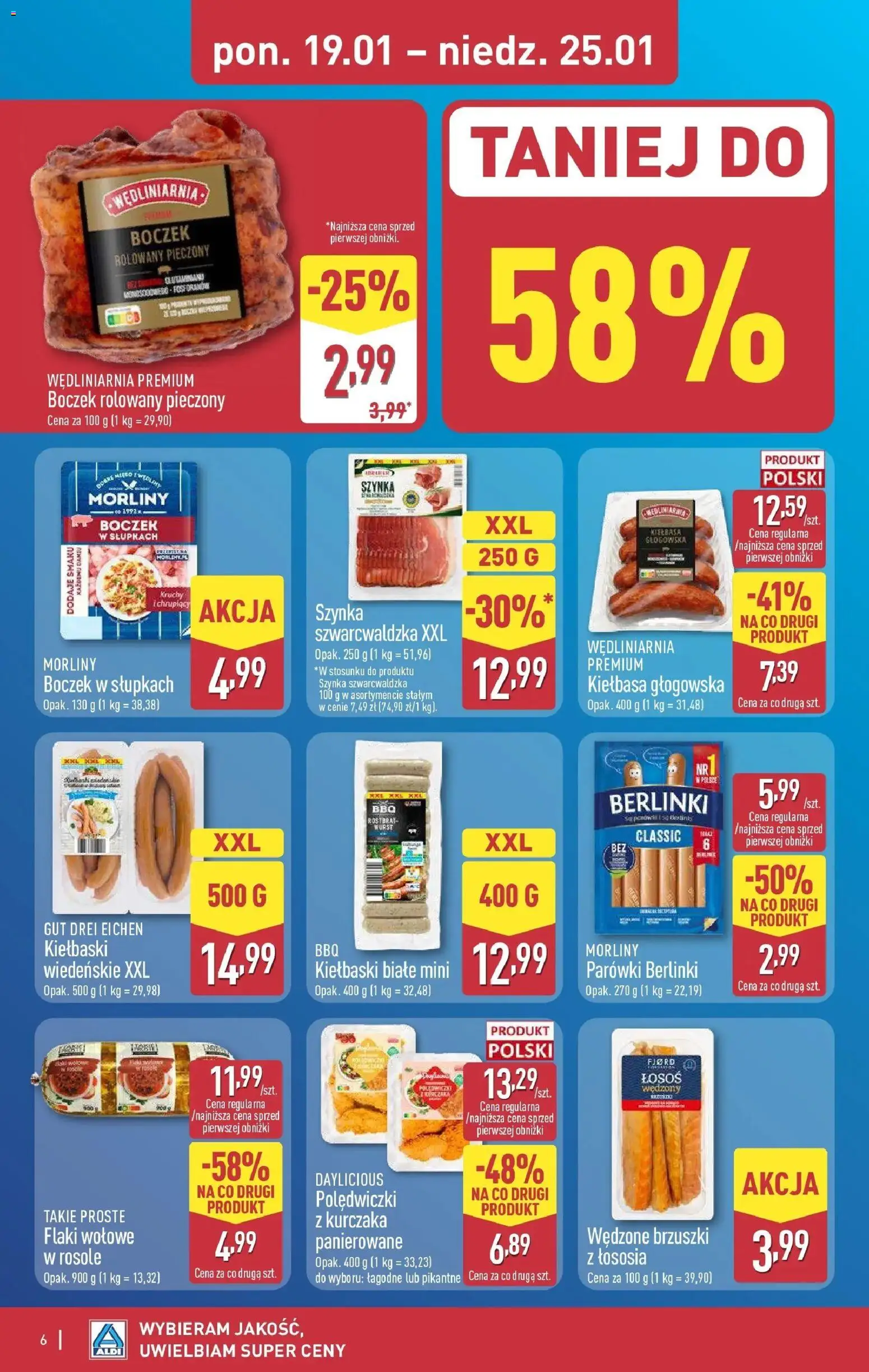 Aldi Gazetka od 19.01.2026 | Strona: 6 | Produkty: Kiełbasa, Szynka, Flaki, Szynka szwarcwaldzka