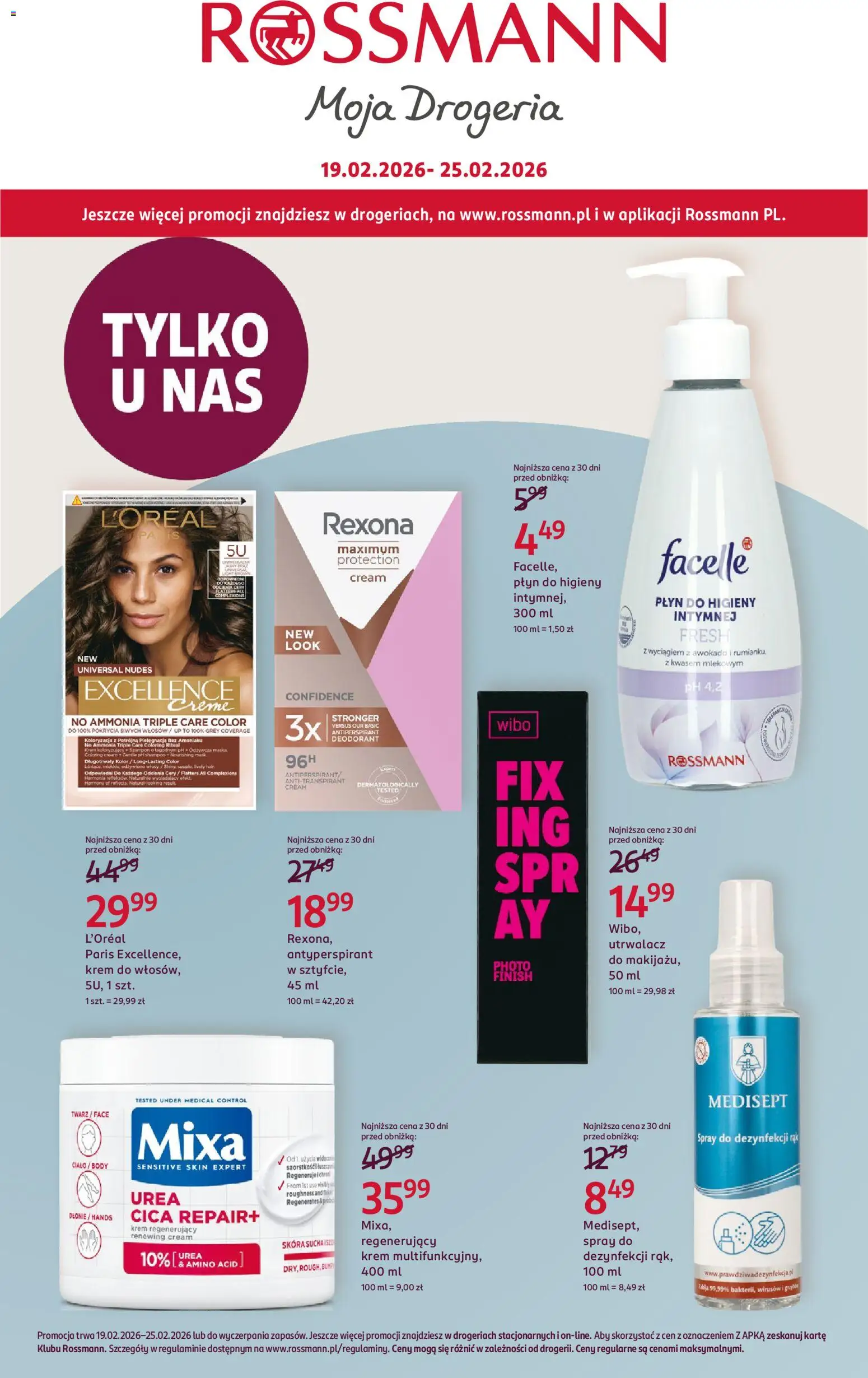 Rossmann Gazetka od 19.02.2026 | Strona: 1 | Produkty: Drogeria, Body, Antyperspirant, Płyn do higieny intymnej