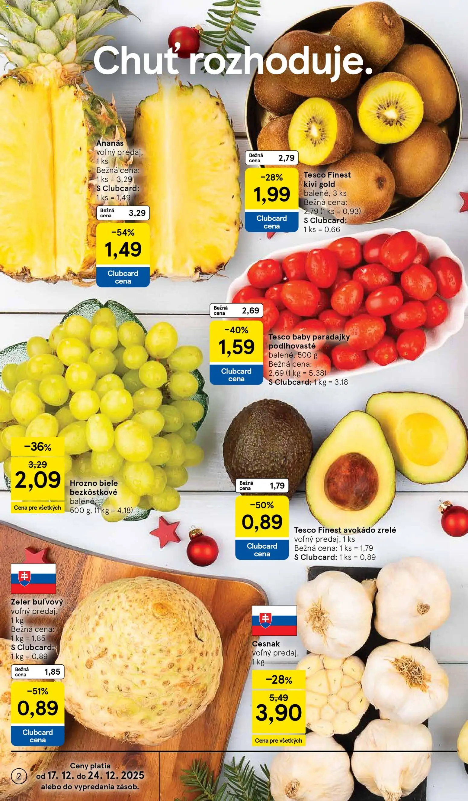 Nové Tesco akcie – leták je platný od 17.12.2025 | Strana: 2 | Produkty: Ananás, Kiwi, Zeler, Hrozno