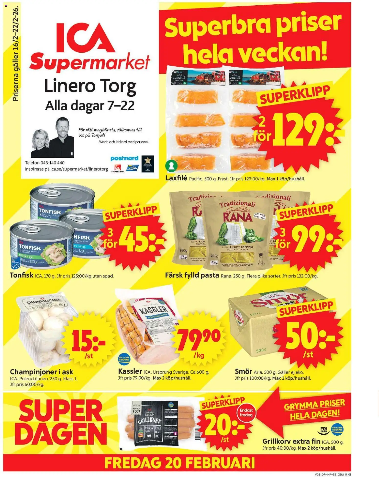 ICA Supermarket reklamblad aktuell från 16.02.2026 | Sida: 1 | Produkter: Kassler, Galler, Pasta, Spel